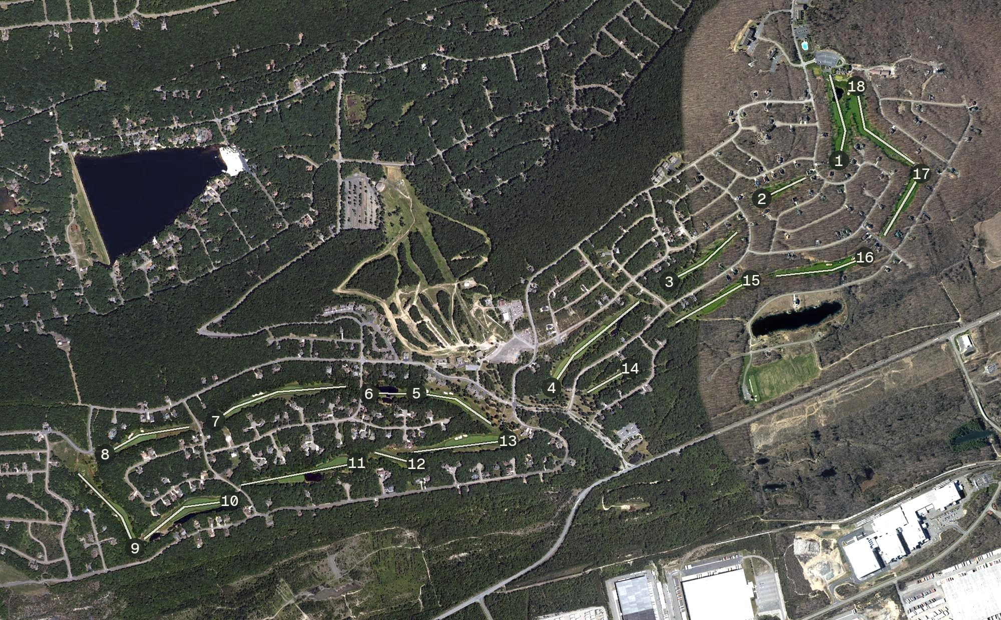 Aerial view of Eagle Rock Championship Golf Course, PA, with its hole routing marked