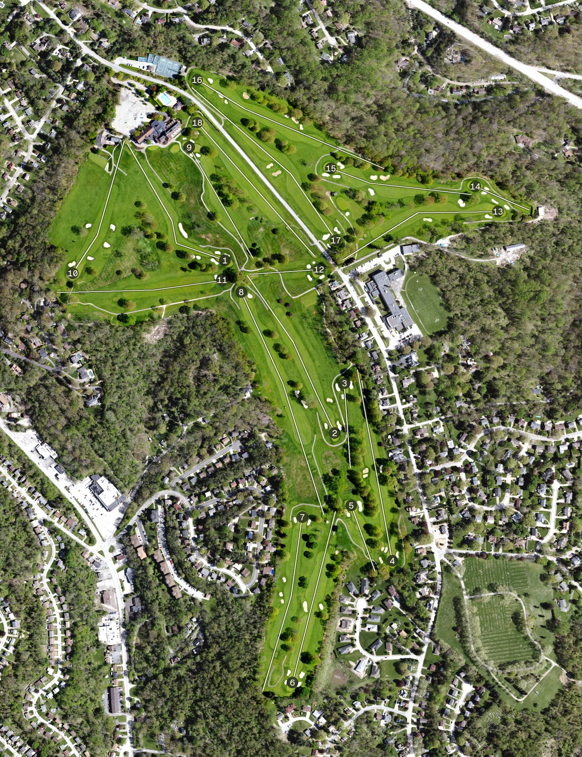 Aerial view of Edgewood Country Club, PA, with its hole routing marked