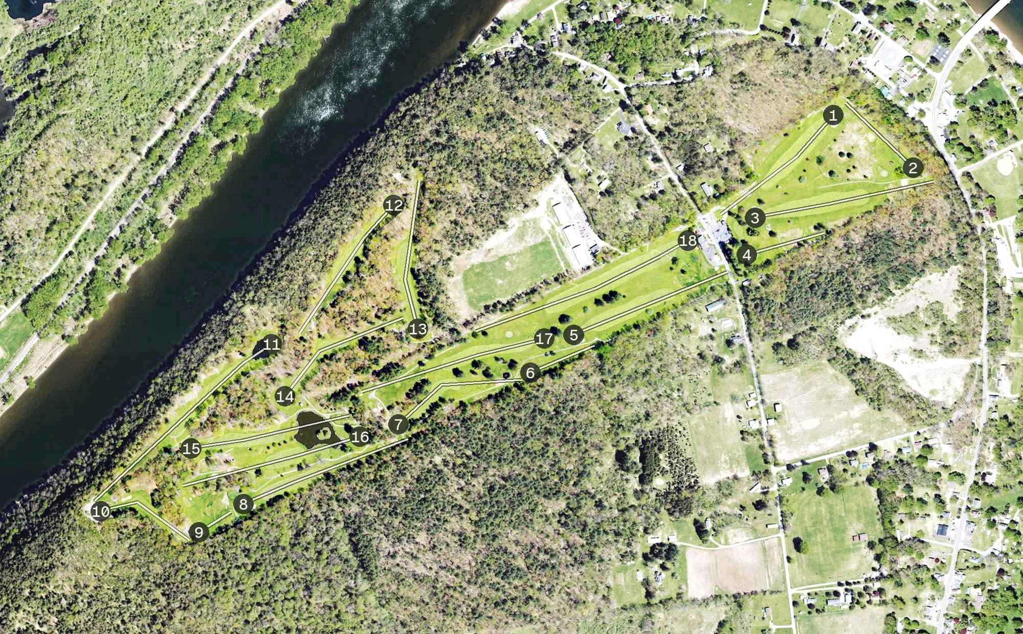 Aerial view of Emanon Country Club, PA, with its hole routing marked