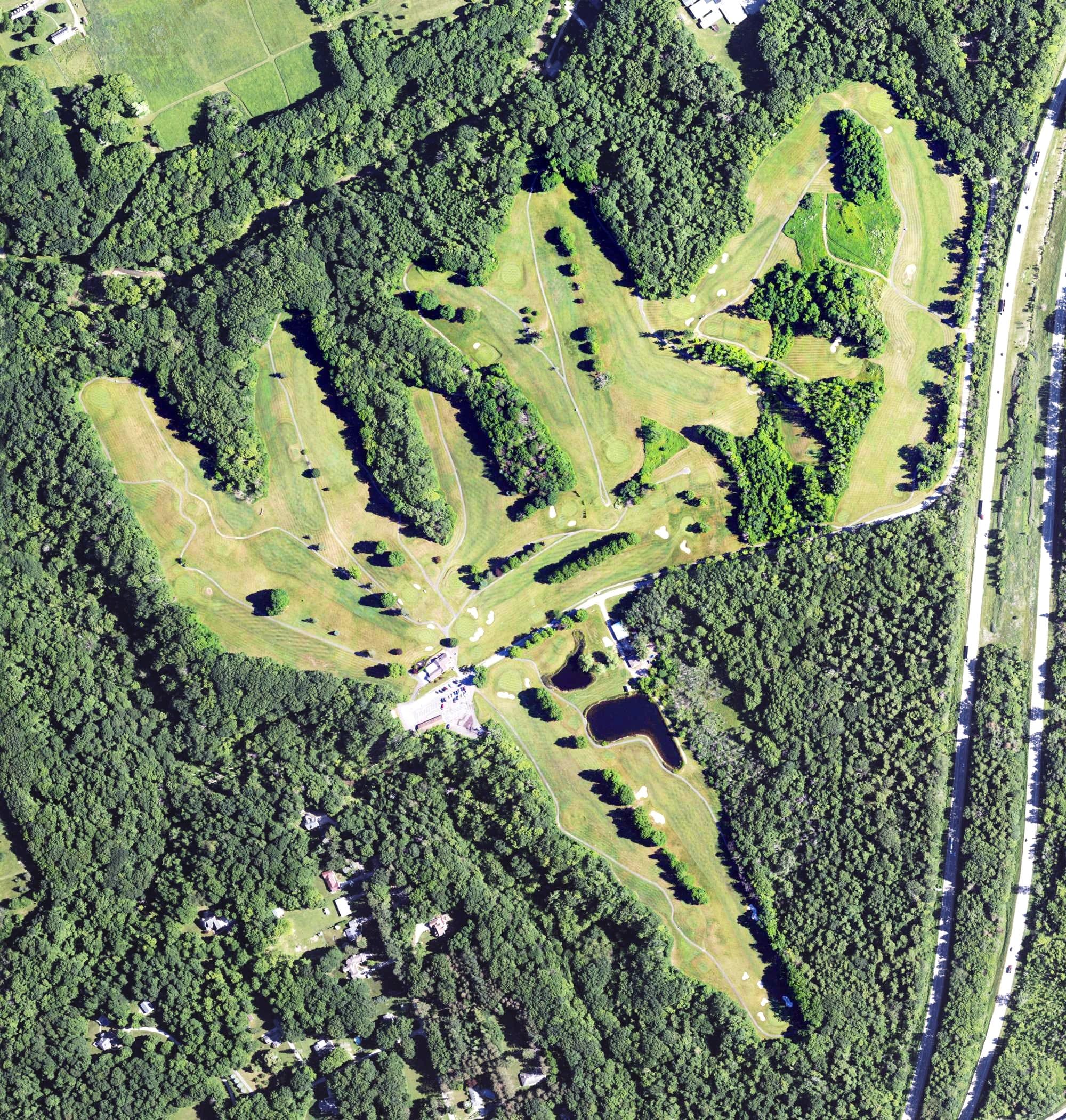 Aerial view of Erie Golf Club, PA, with its hole routing marked