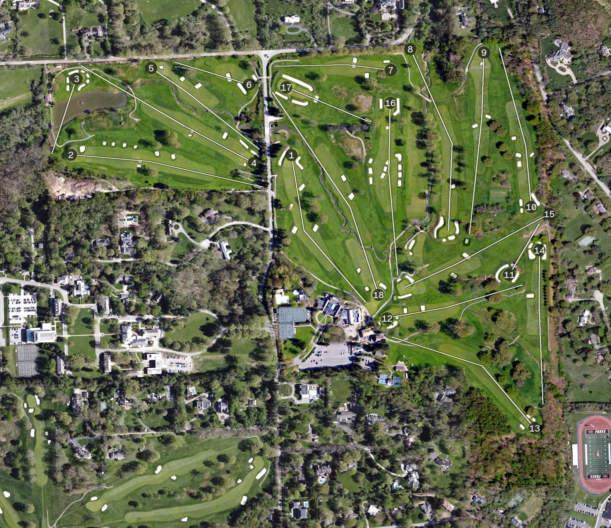 Aerial view of Fox Chapel Golf Club, PA, with its hole routing marked
