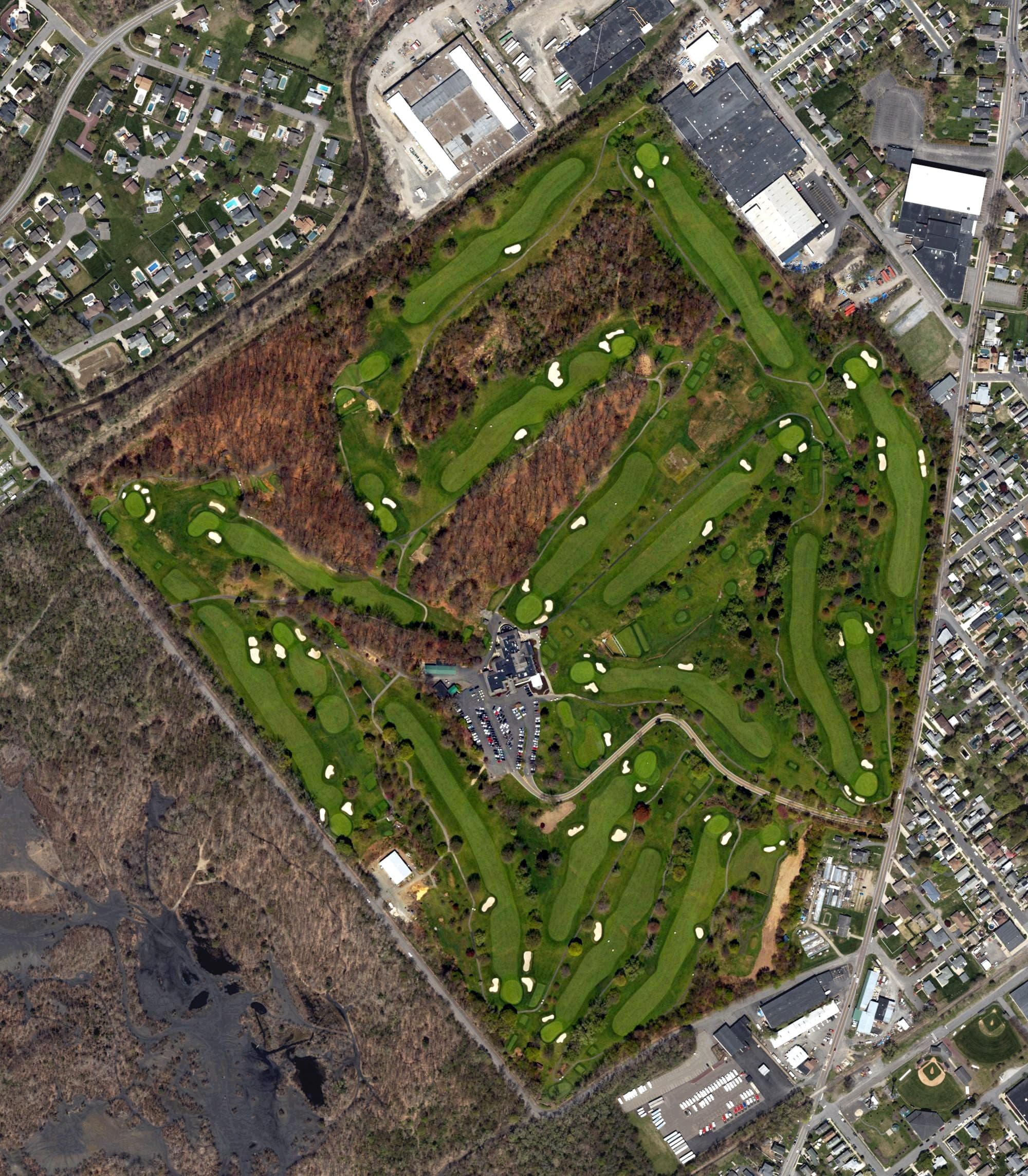 Aerial view of Fox Hill Country Club, PA, with its hole routing marked