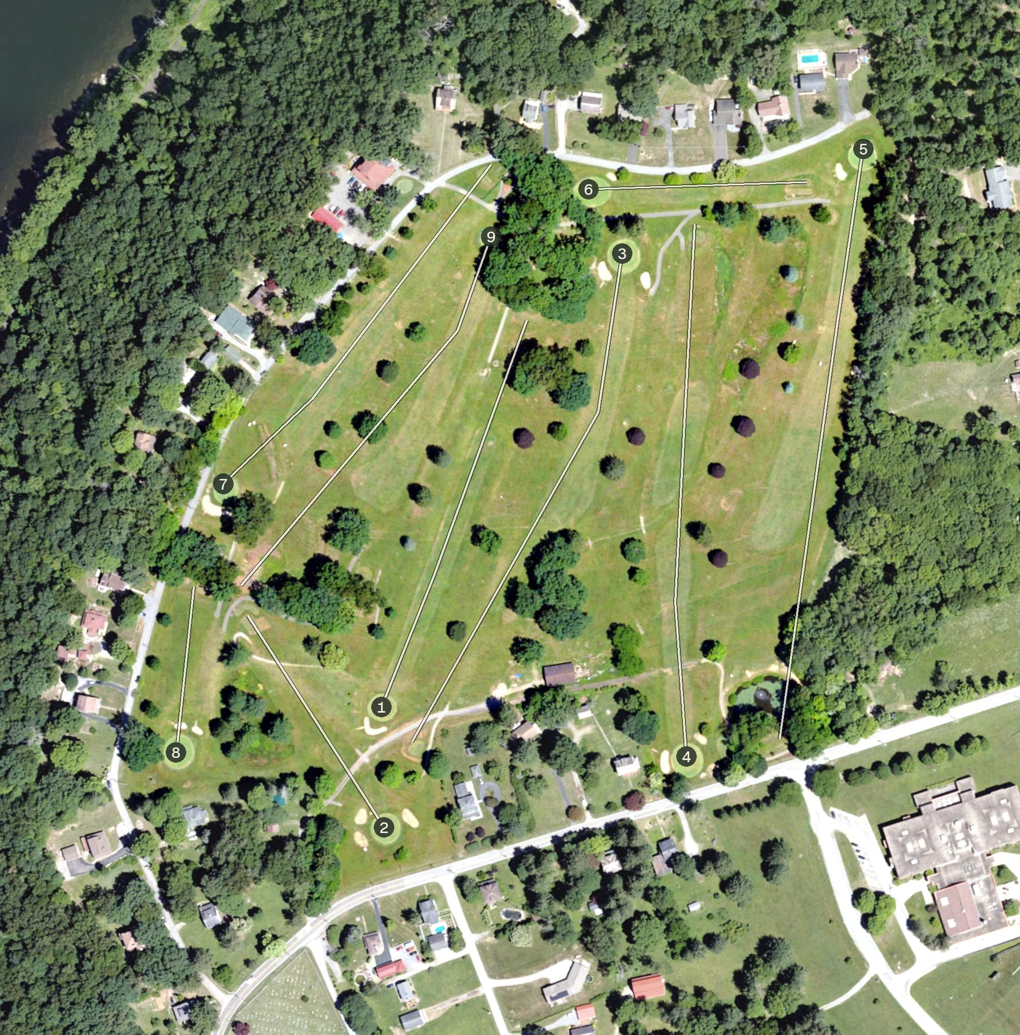 Aerial view of Foxburg Country Club, PA, with its hole routing marked