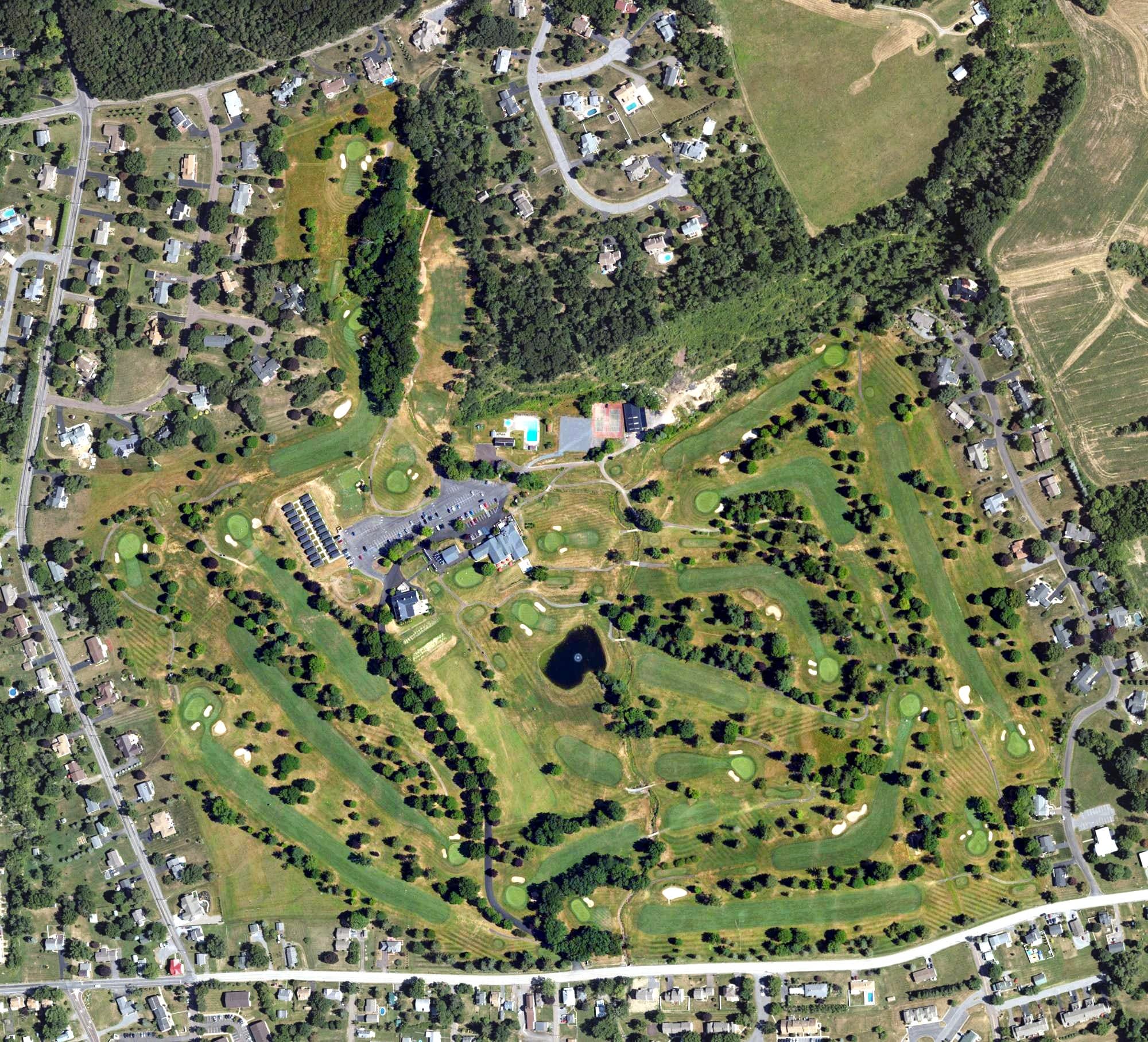 Aerial view of Frosty Valley Country Club, PA, with its hole routing marked