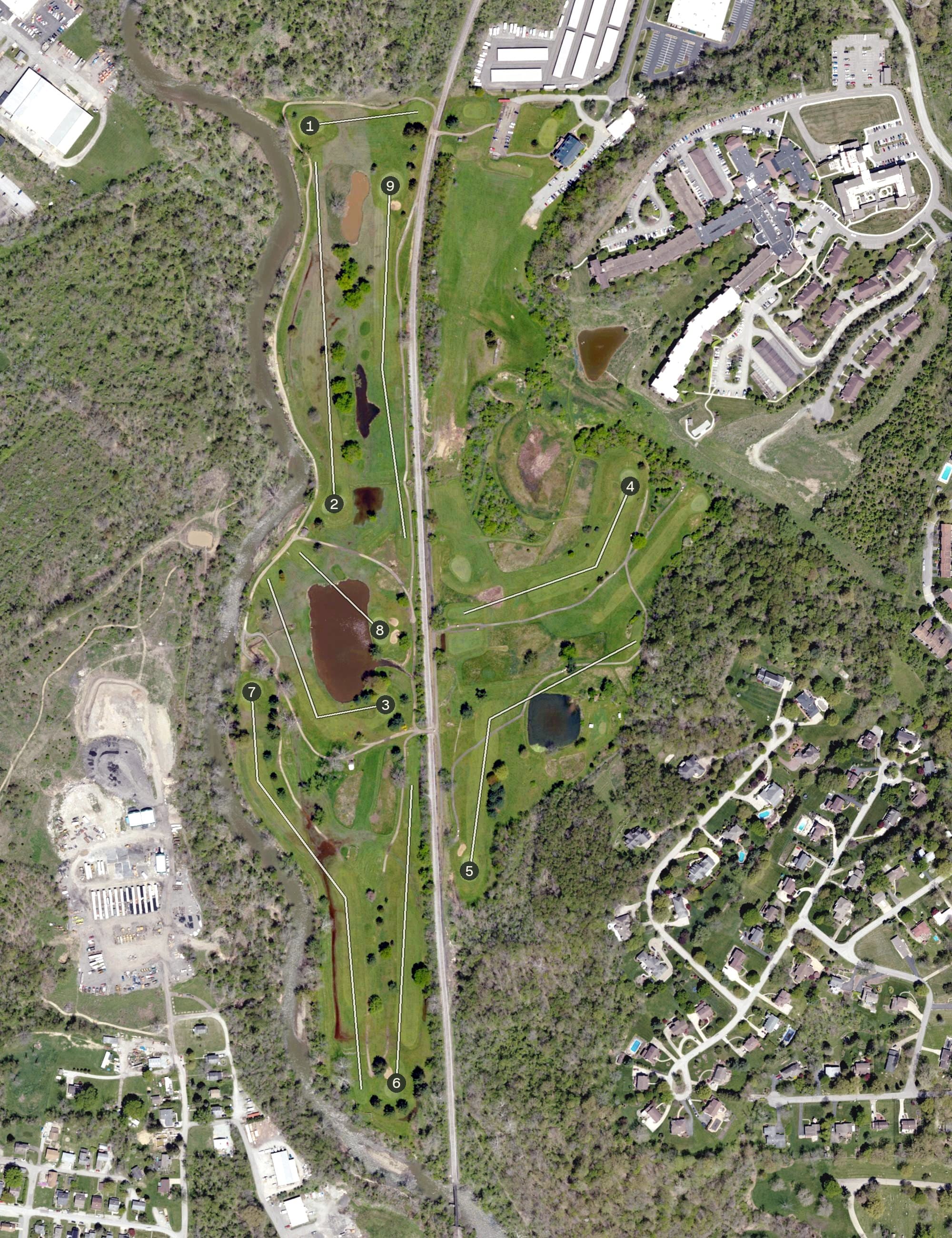Aerial view of Frosty Valley Golf Links, PA, with its hole routing marked