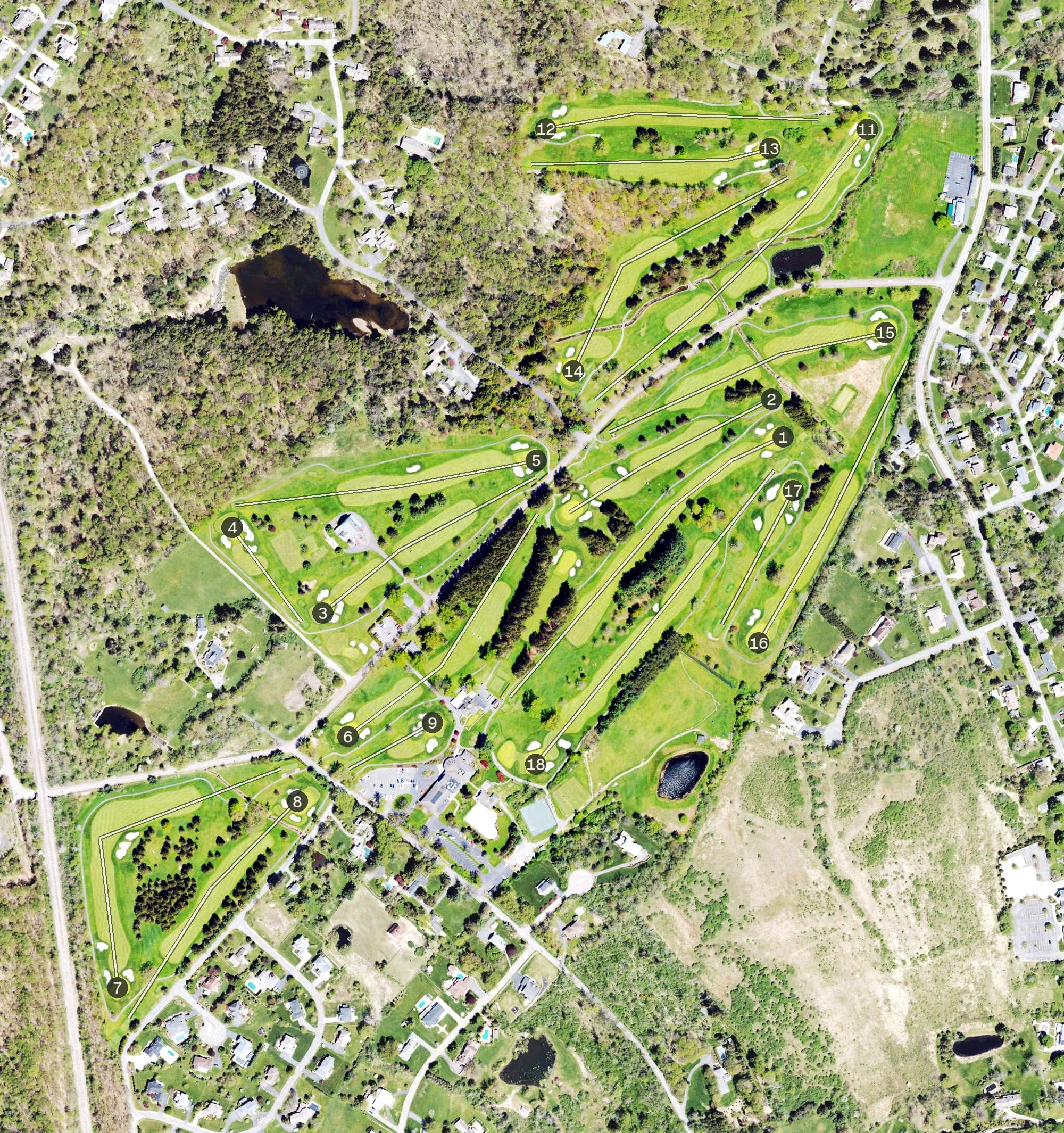 Aerial view of Glen Oak Country Club, PA, with its hole routing marked