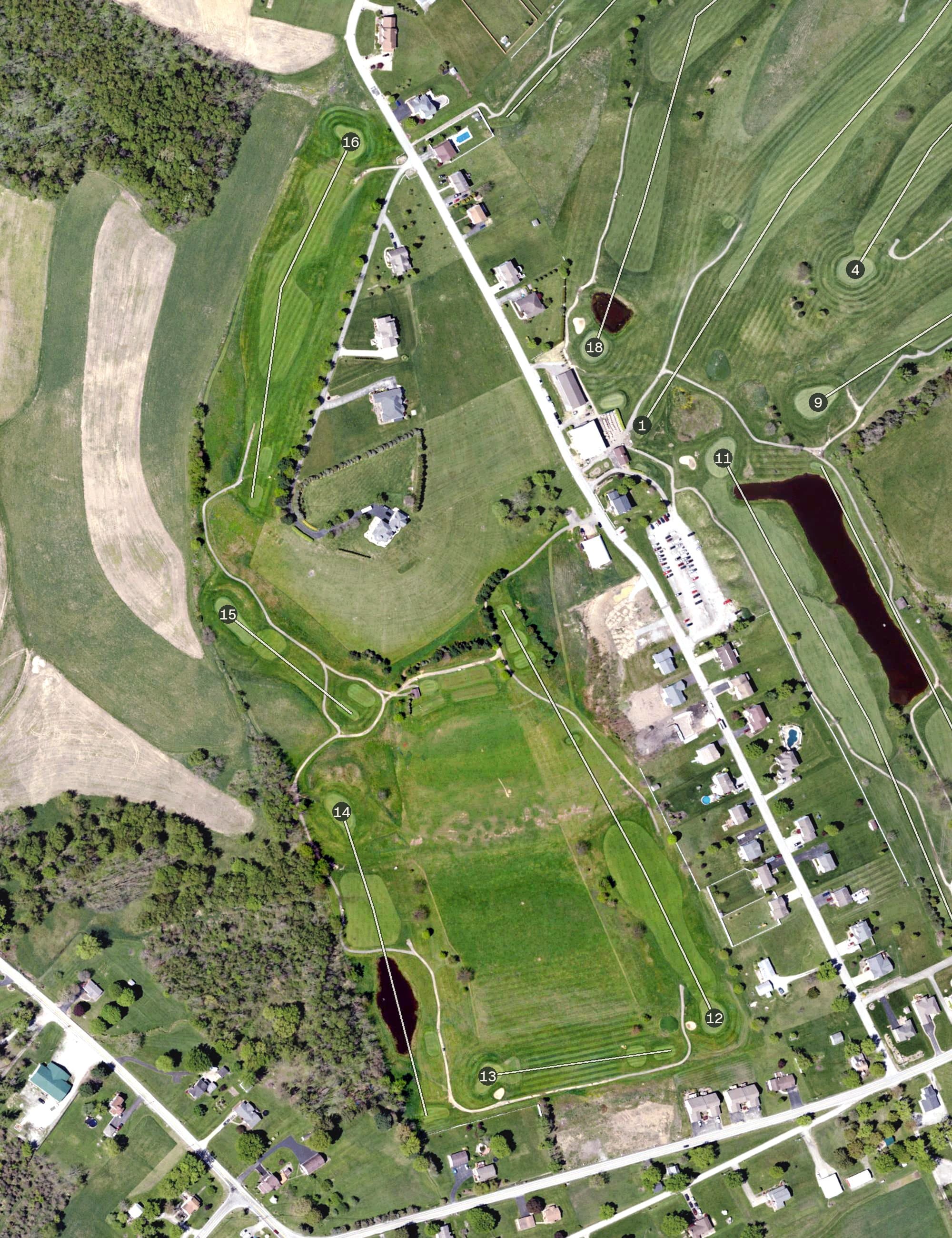 Aerial view of Glengarry Golf Links, PA, with its hole routing marked