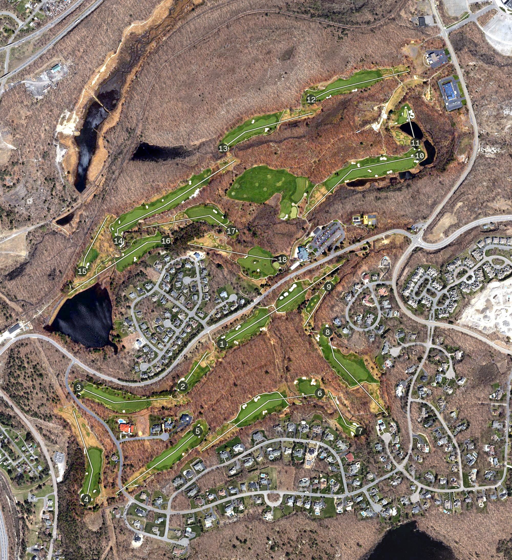 Aerial view of Glenmaura National Golf Club, PA, with its hole routing marked