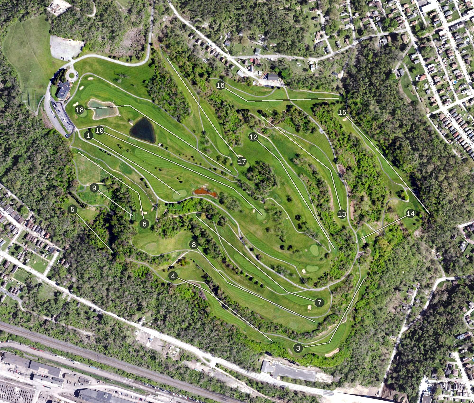 Aerial view of Grand View Golf Club, PA, with its hole routing marked