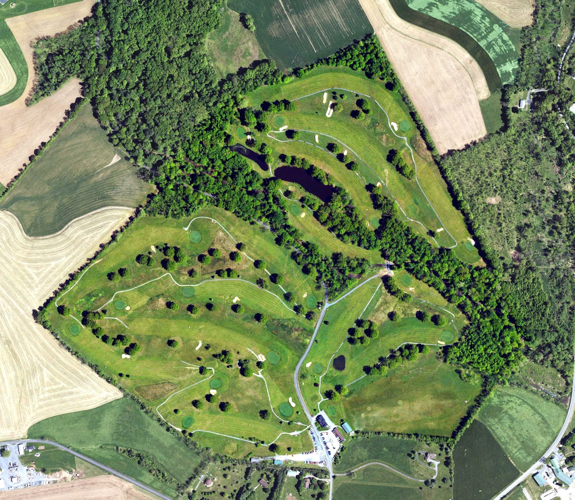 Aerial view of Green Acres Golf Course, PA, with its hole routing marked