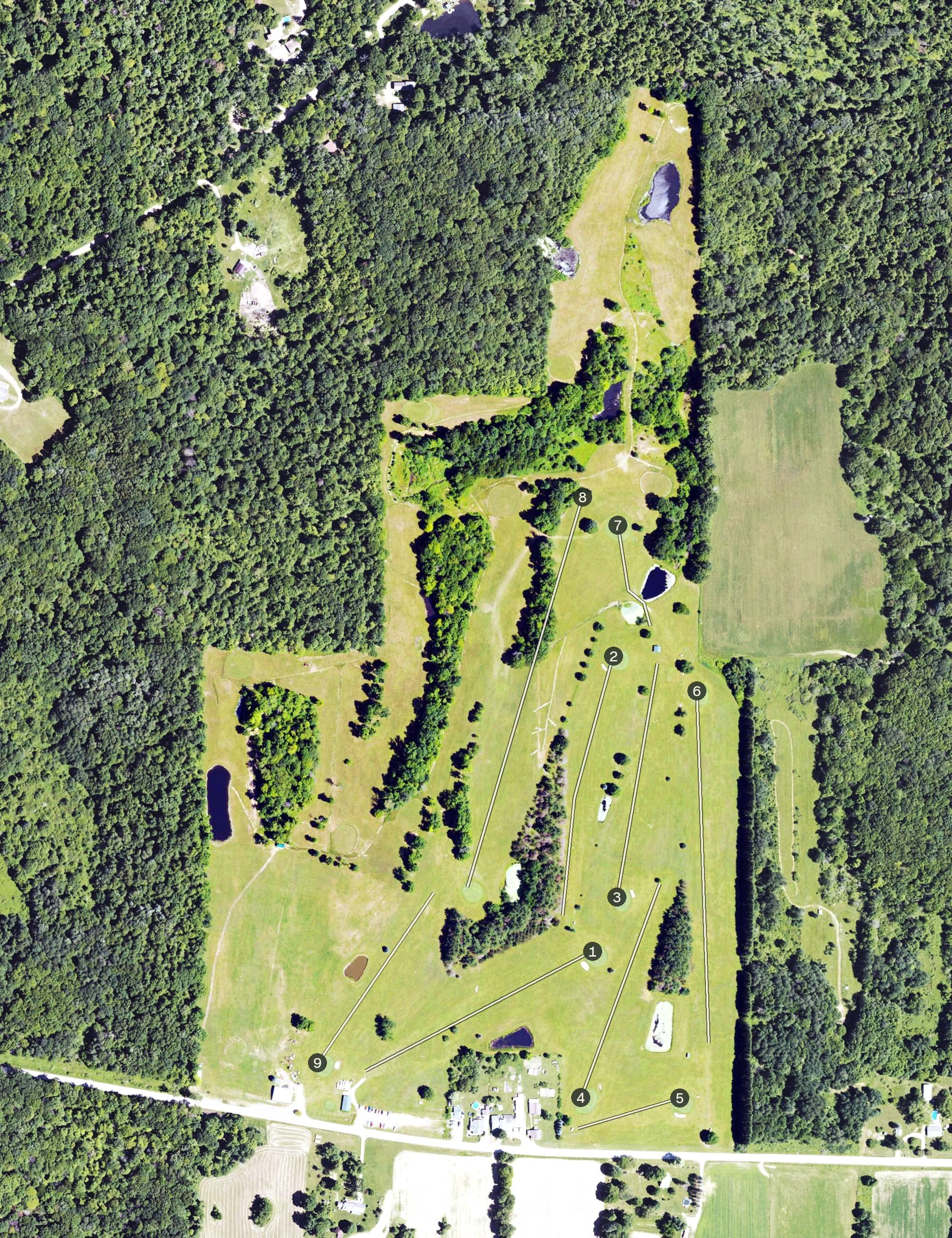 Aerial view of Green Acres Golf Course, PA, with its hole routing marked