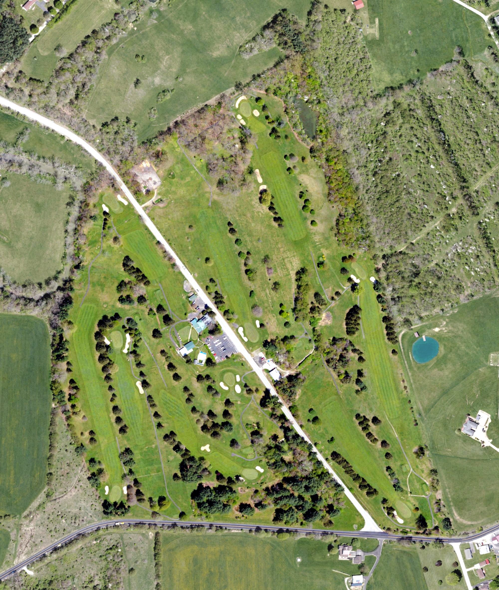 Aerial view of Greene County Country Club, PA, with its hole routing marked