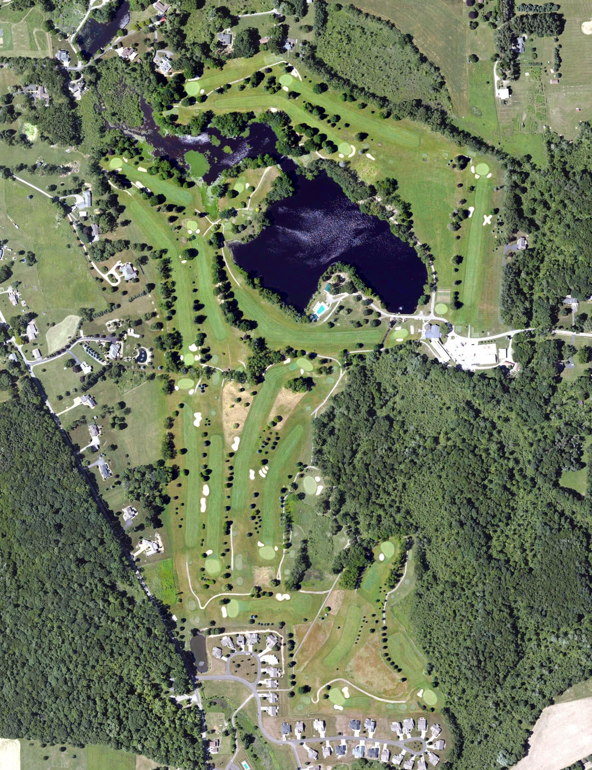 Aerial view of Grove City Country Club, PA, with its hole routing marked