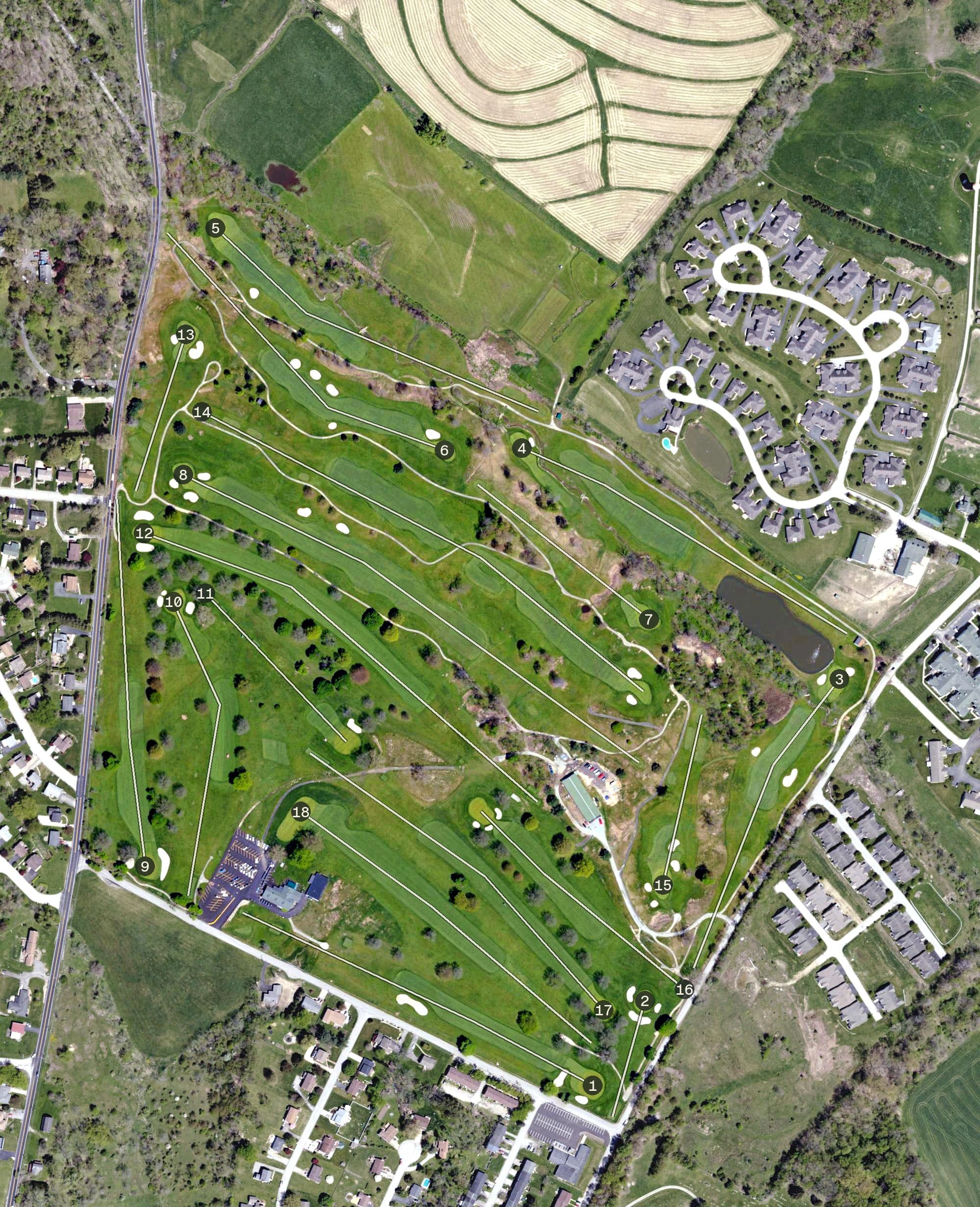 Aerial view of Hannastown Golf Club, PA, with its hole routing marked