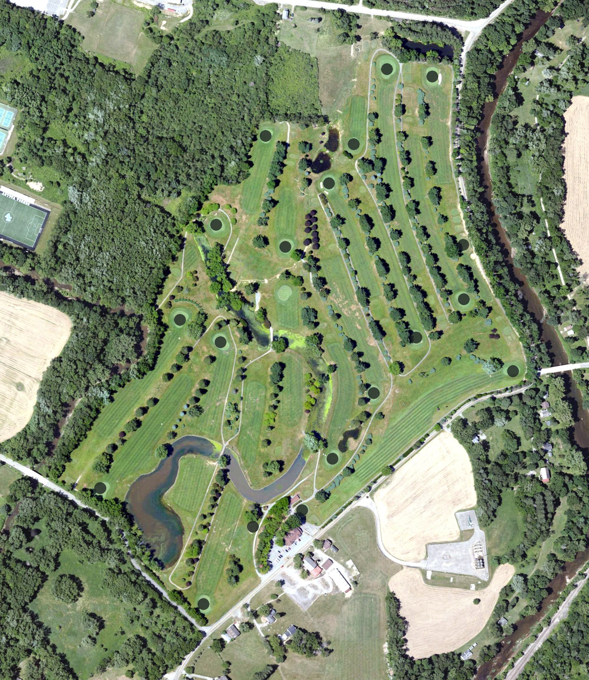 Aerial view of Hartmann's Golf Course, PA, with its hole routing marked