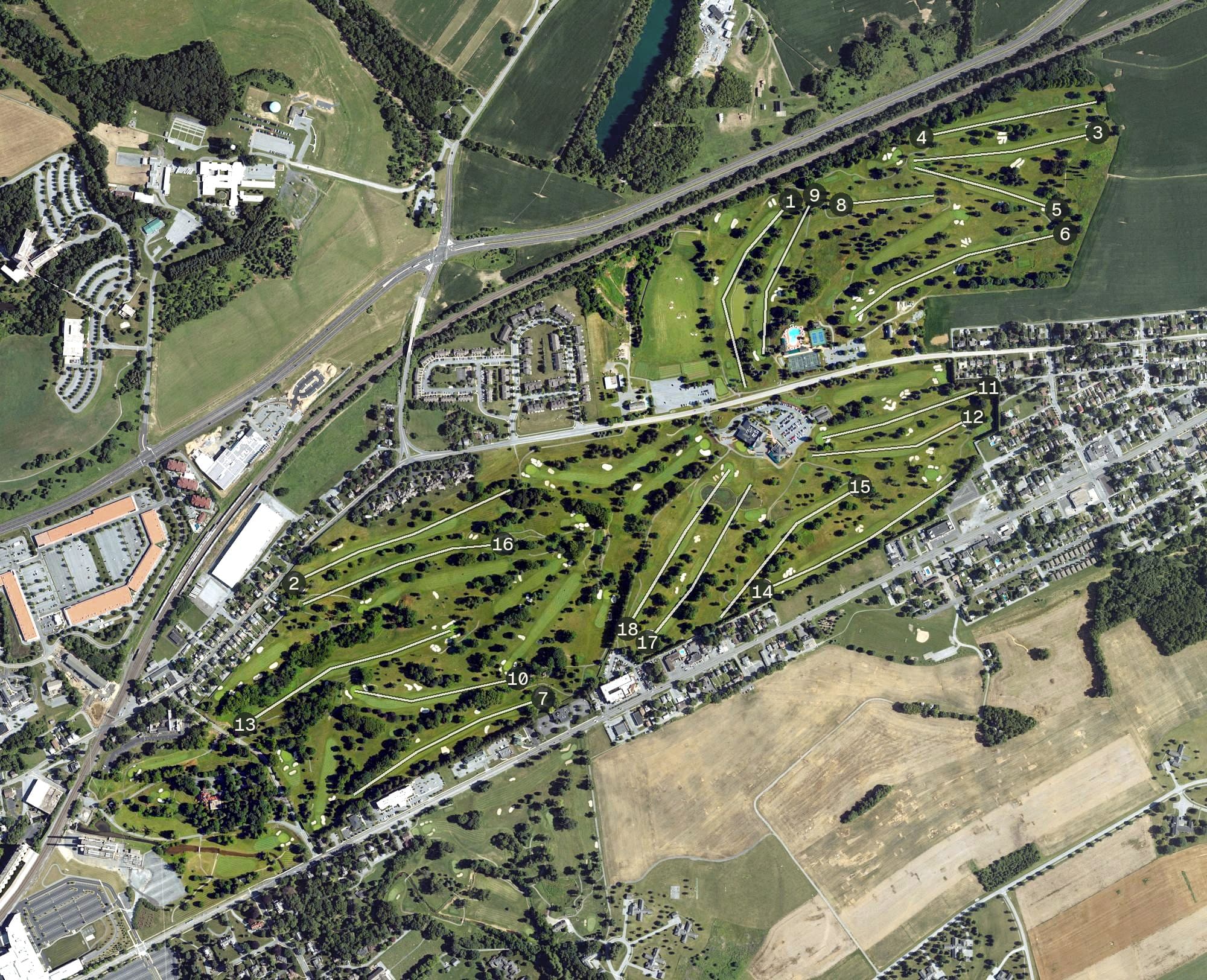 Aerial view of Hershey Country Club, PA, with its hole routing marked