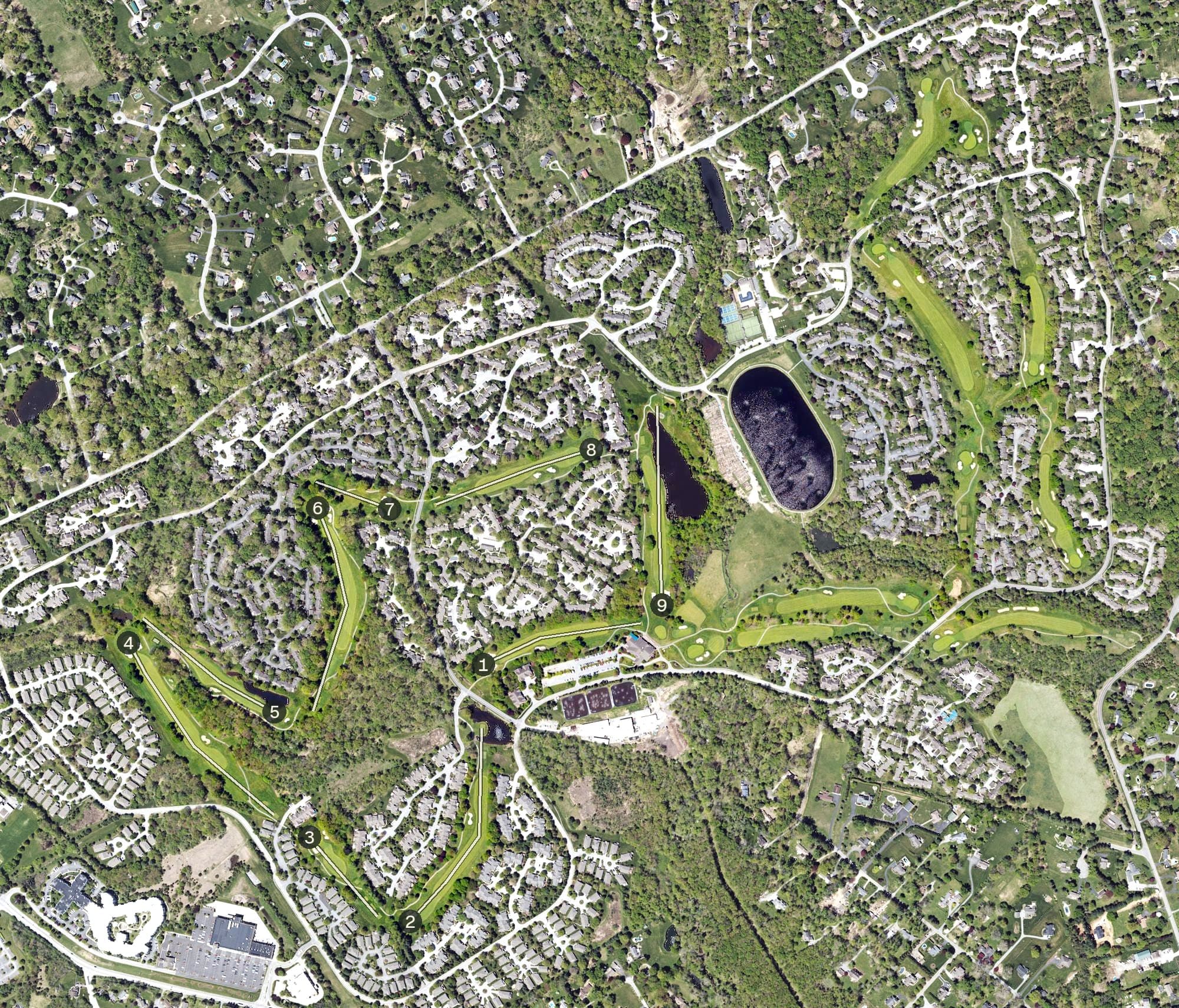 Aerial view of Hershey's Mill Golf Course, PA, with its hole routing marked