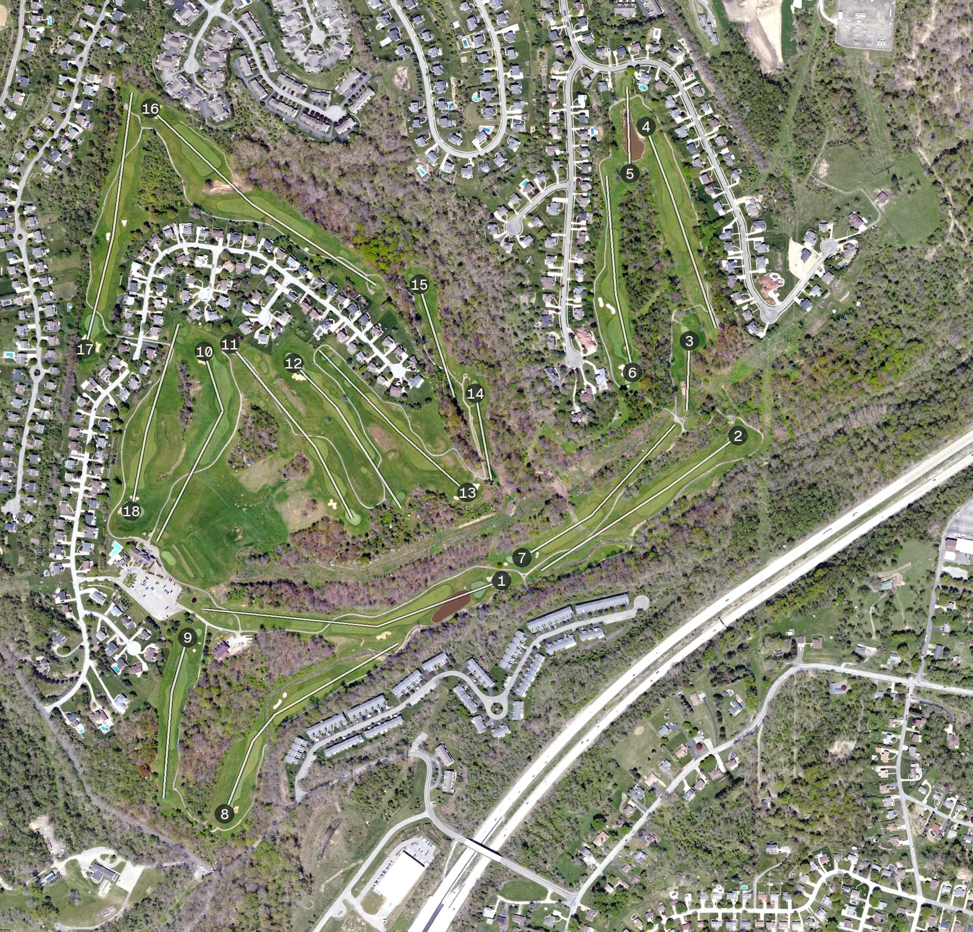 Aerial view of Hickory Heights Golf Club, PA, with its hole routing marked