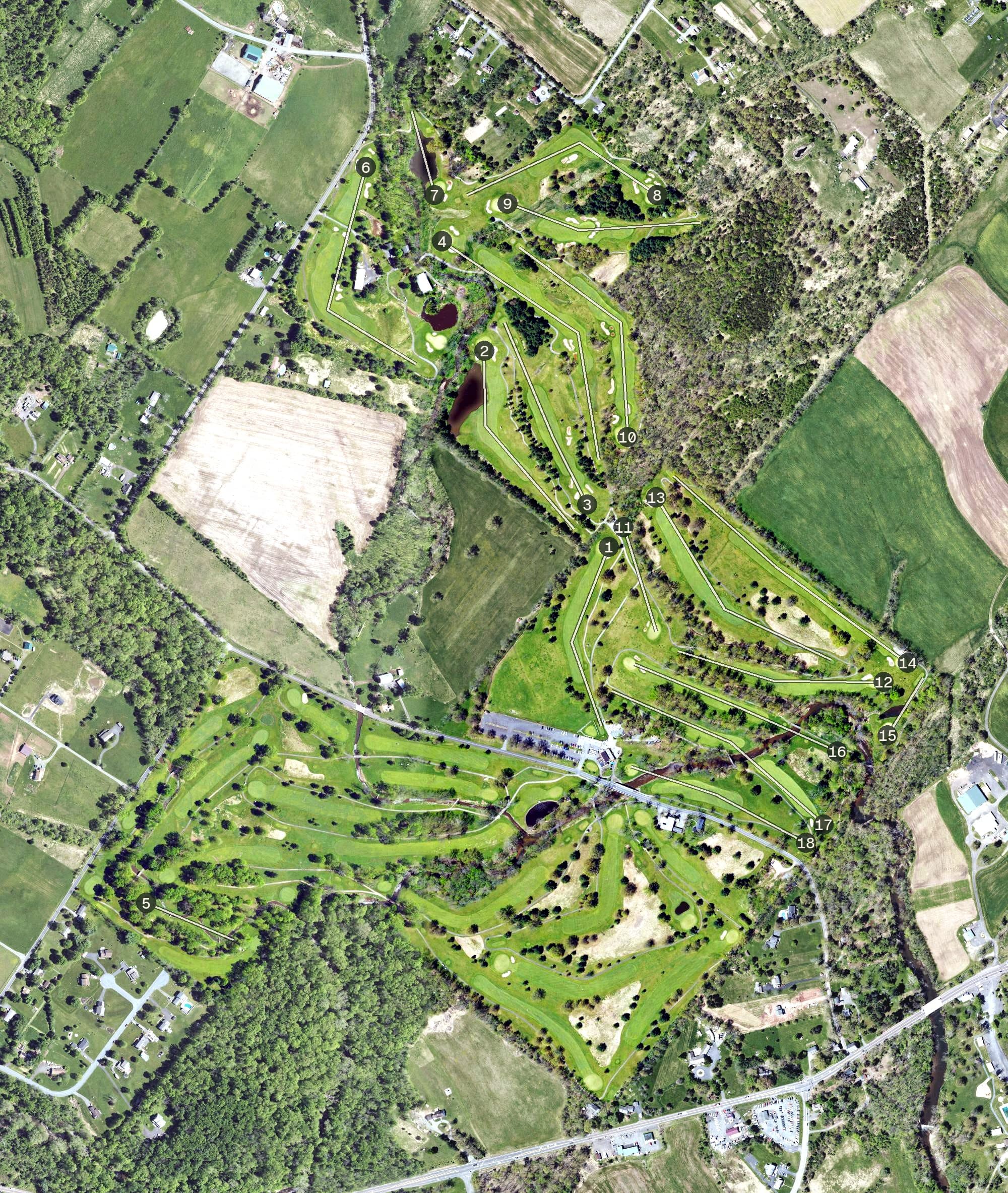 Aerial view of Hickory Valley Golf Club, PA, with its hole routing marked