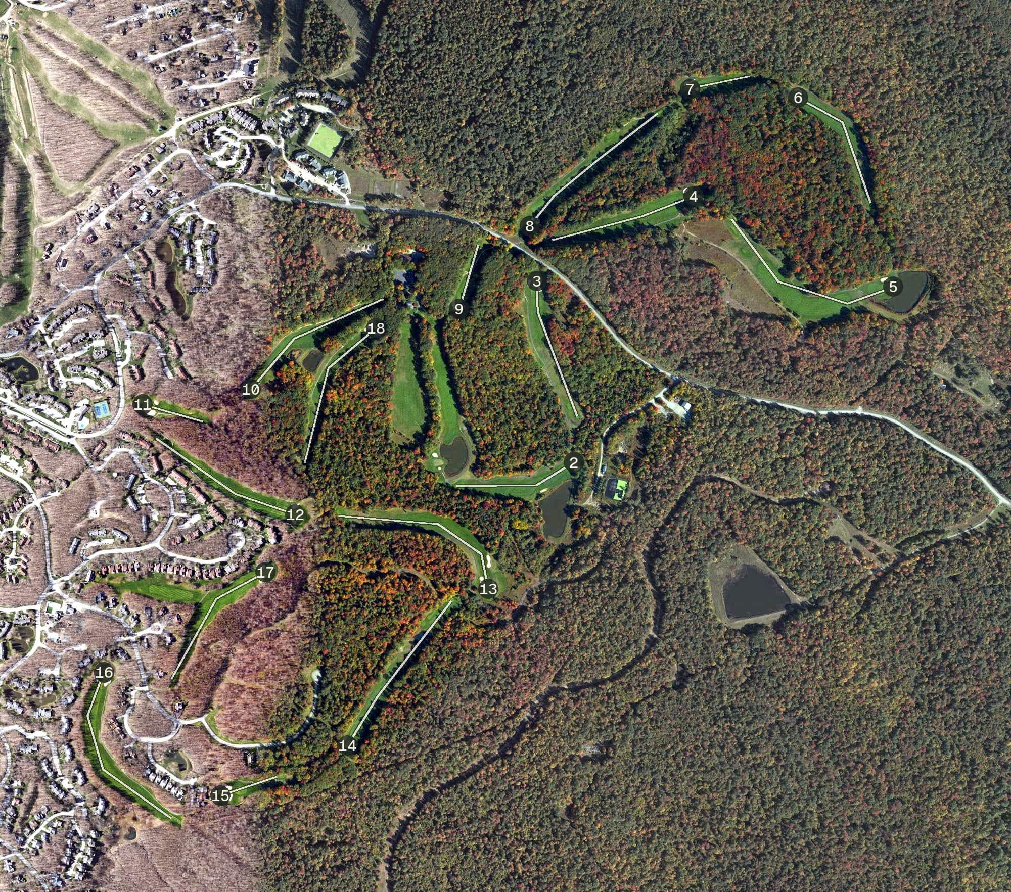 Aerial view of Hidden Valley Golf Course, PA, with its hole routing marked
