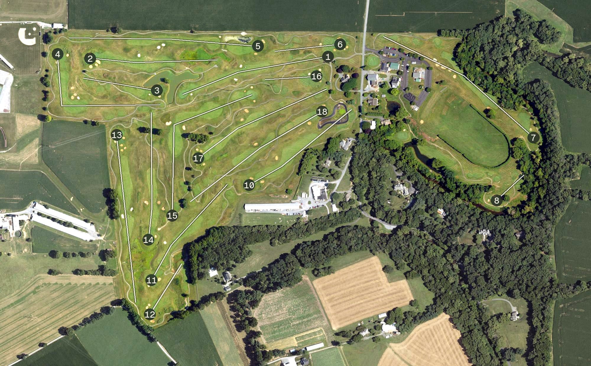 Aerial view of Highlands of Donegal, PA, with its hole routing marked