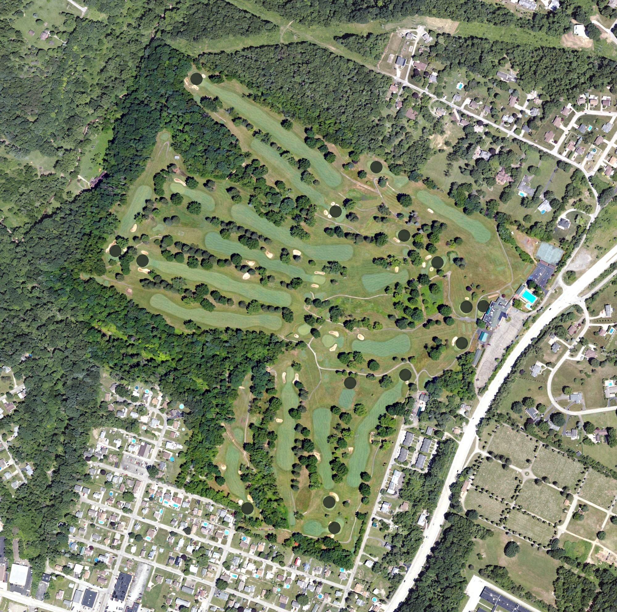 Aerial view of Hill Crest Country Club, PA, with its hole routing marked