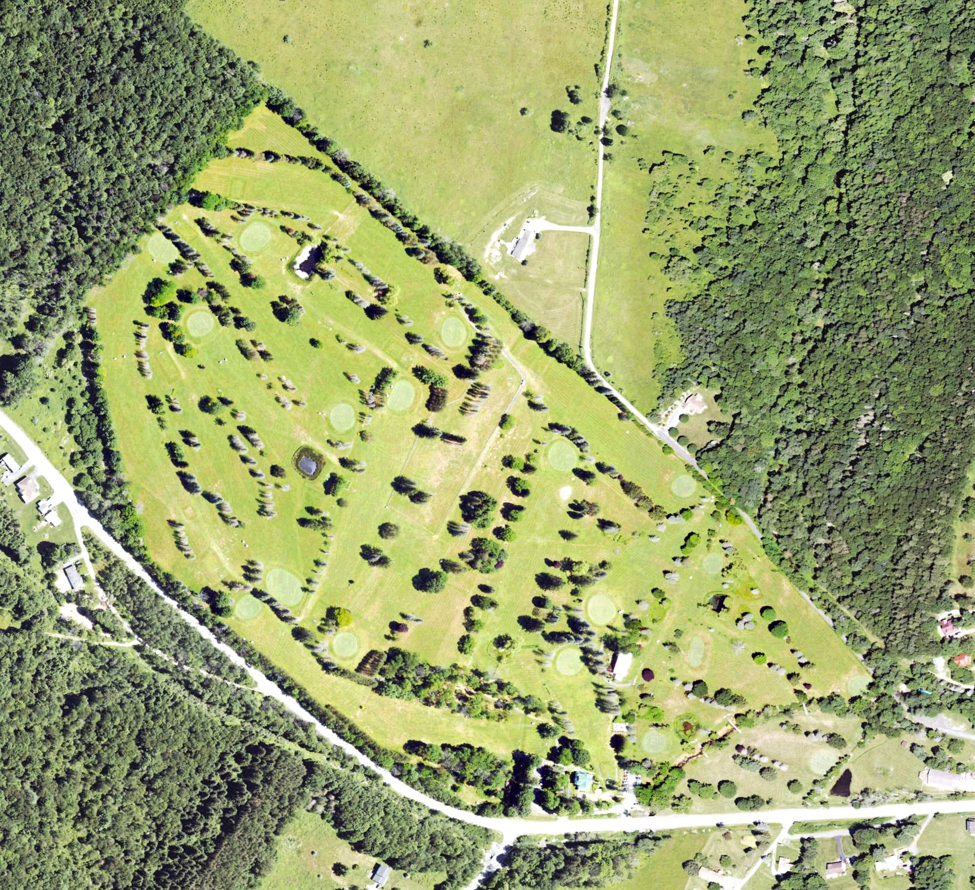 Aerial view of Homestead Golf Course, PA, with its hole routing marked