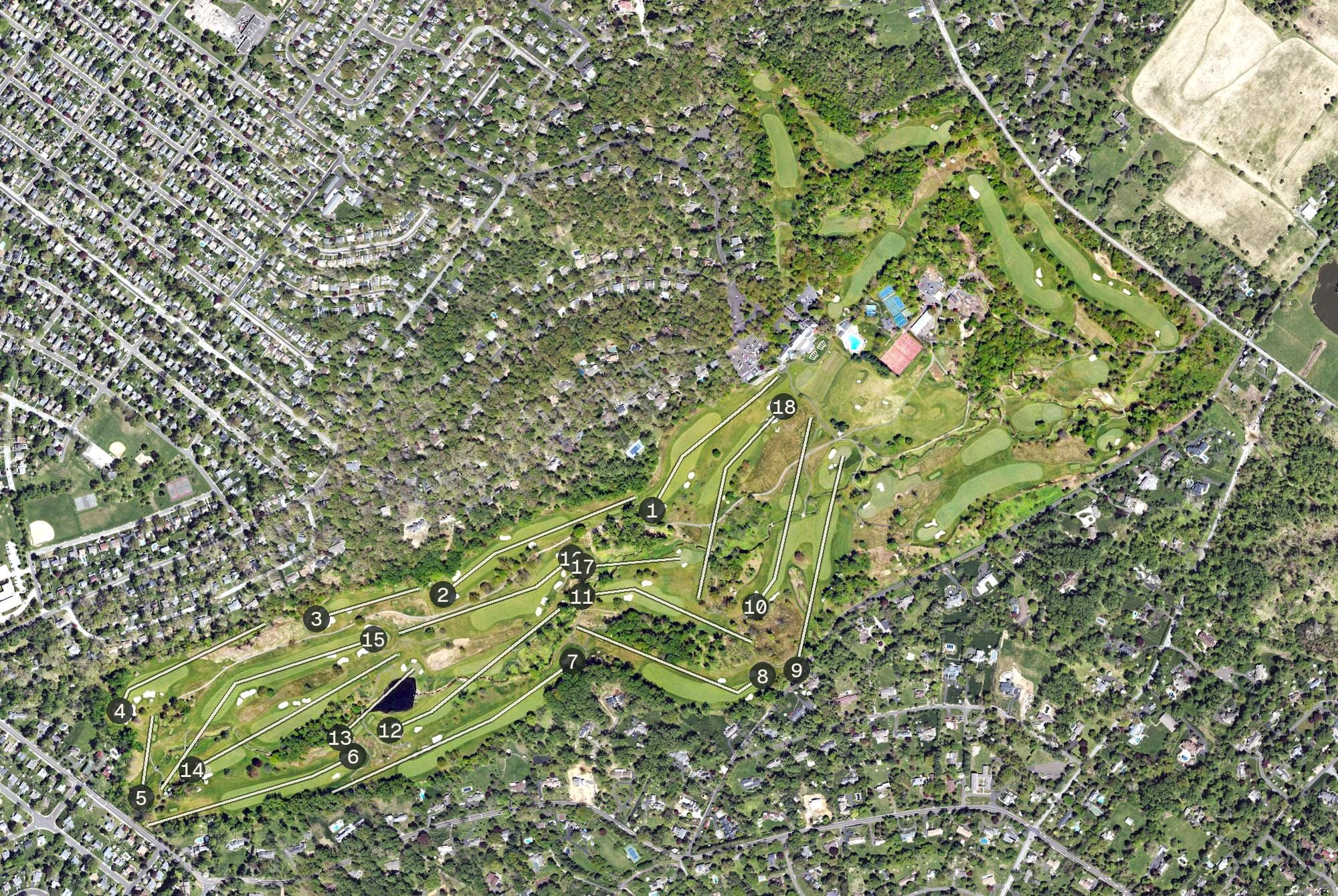 Aerial view of Huntingdon Valley Country Club, PA, with its hole routing marked