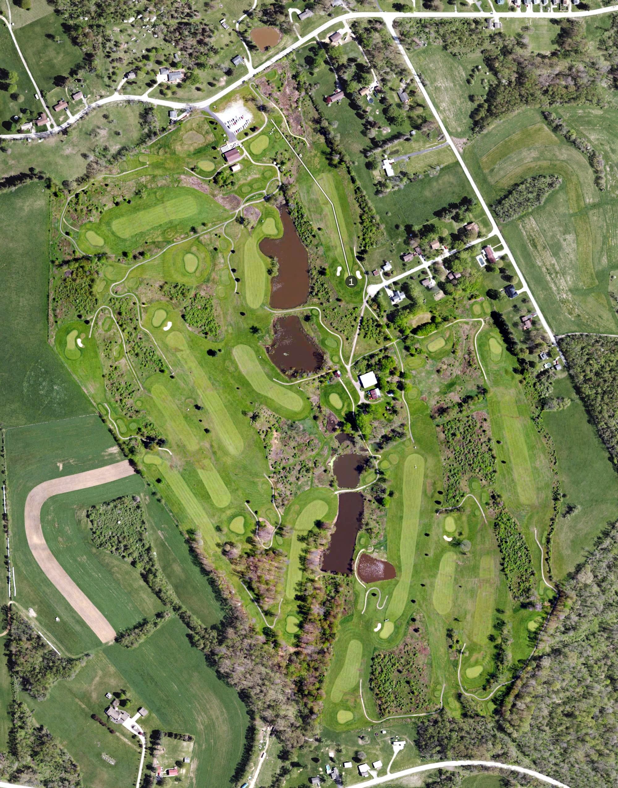 Aerial view of Indian Run Golf Club, PA, with its hole routing marked