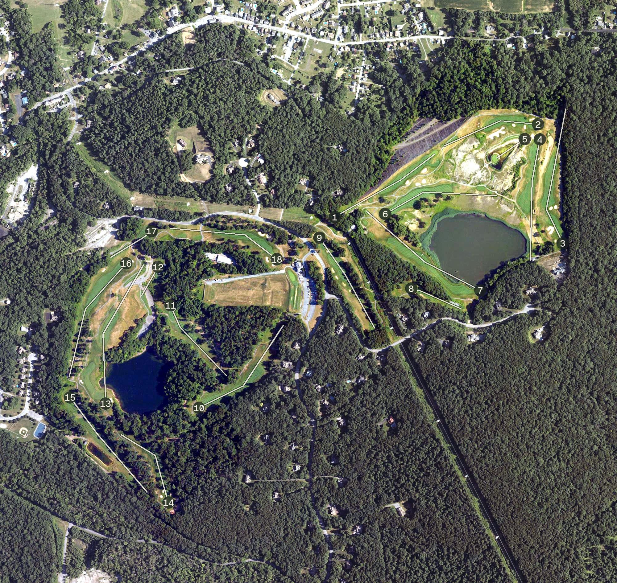 Aerial view of Iron Valley Golf Club, PA, with its hole routing marked
