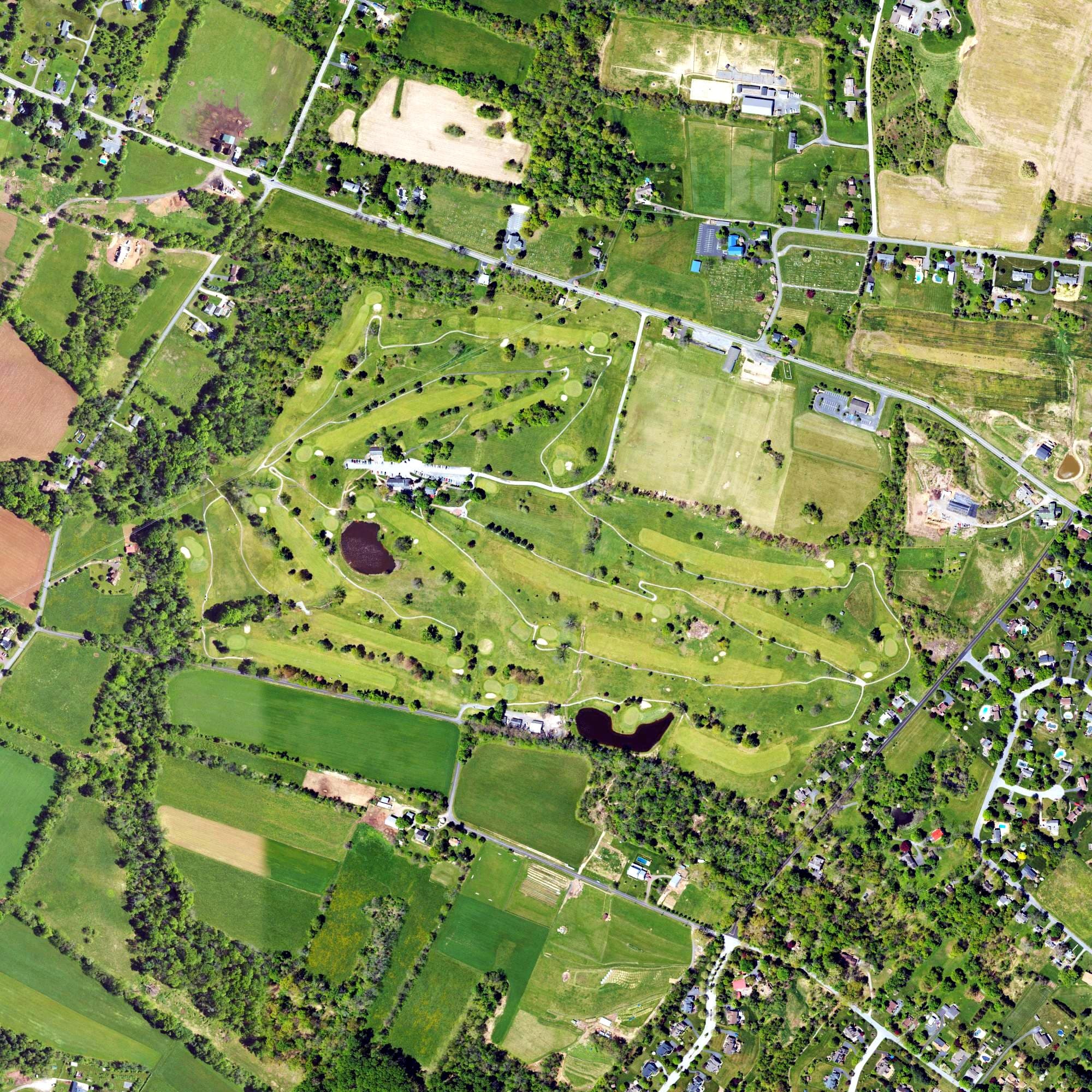 Aerial view of Kimberton Golf club, PA, with its hole routing marked