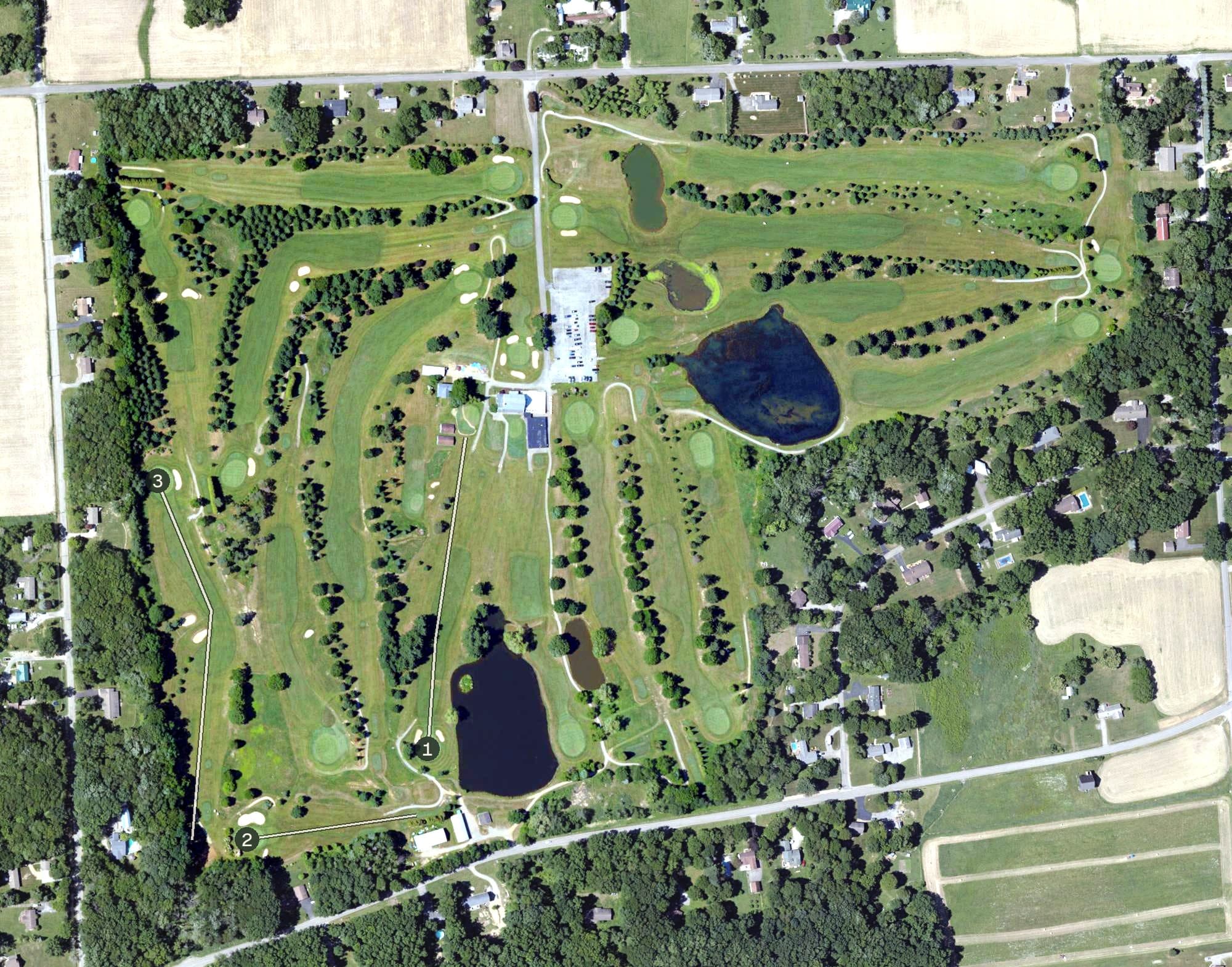 Aerial view of Lake Arthur Golf Club, PA, with its hole routing marked