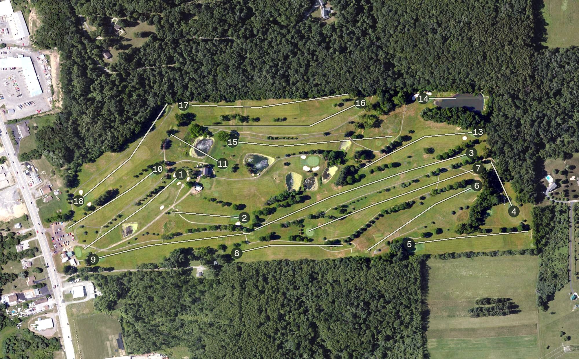 Aerial view of Lakevue North Golf, PA, with its hole routing marked