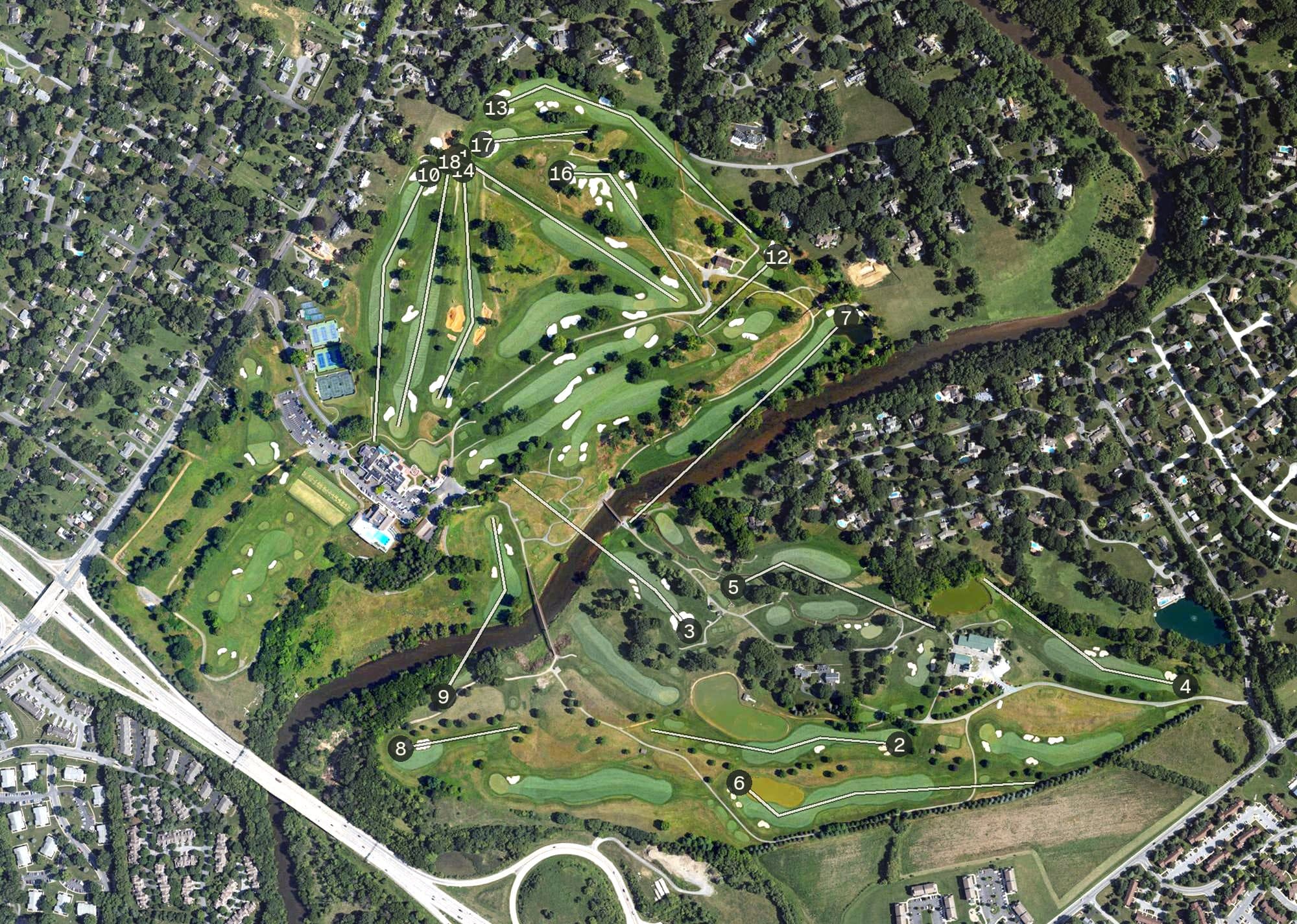 Aerial view of Lancaster Country Club, PA, with its hole routing marked