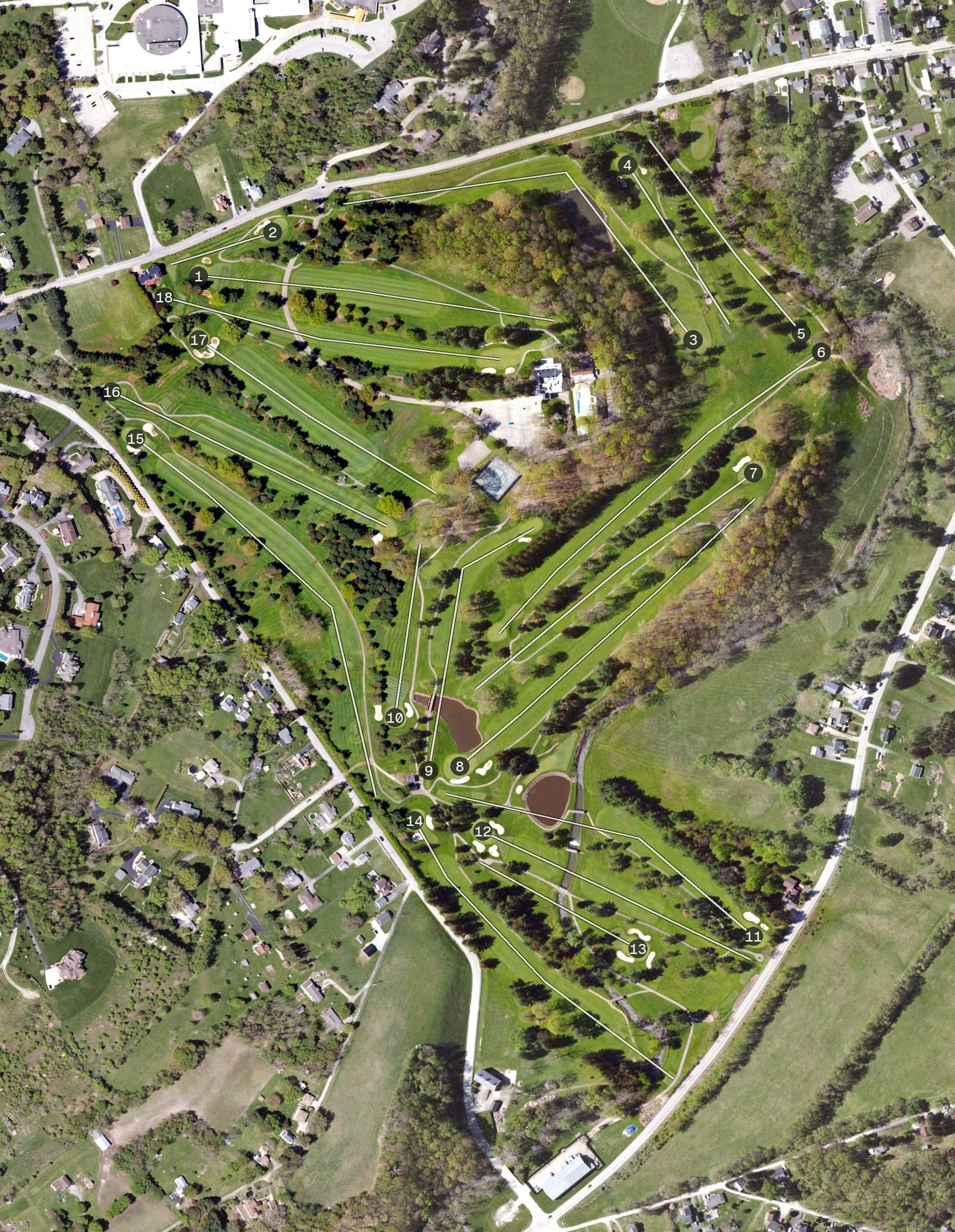 Aerial view of Latrobe Country Club, PA, with its hole routing marked