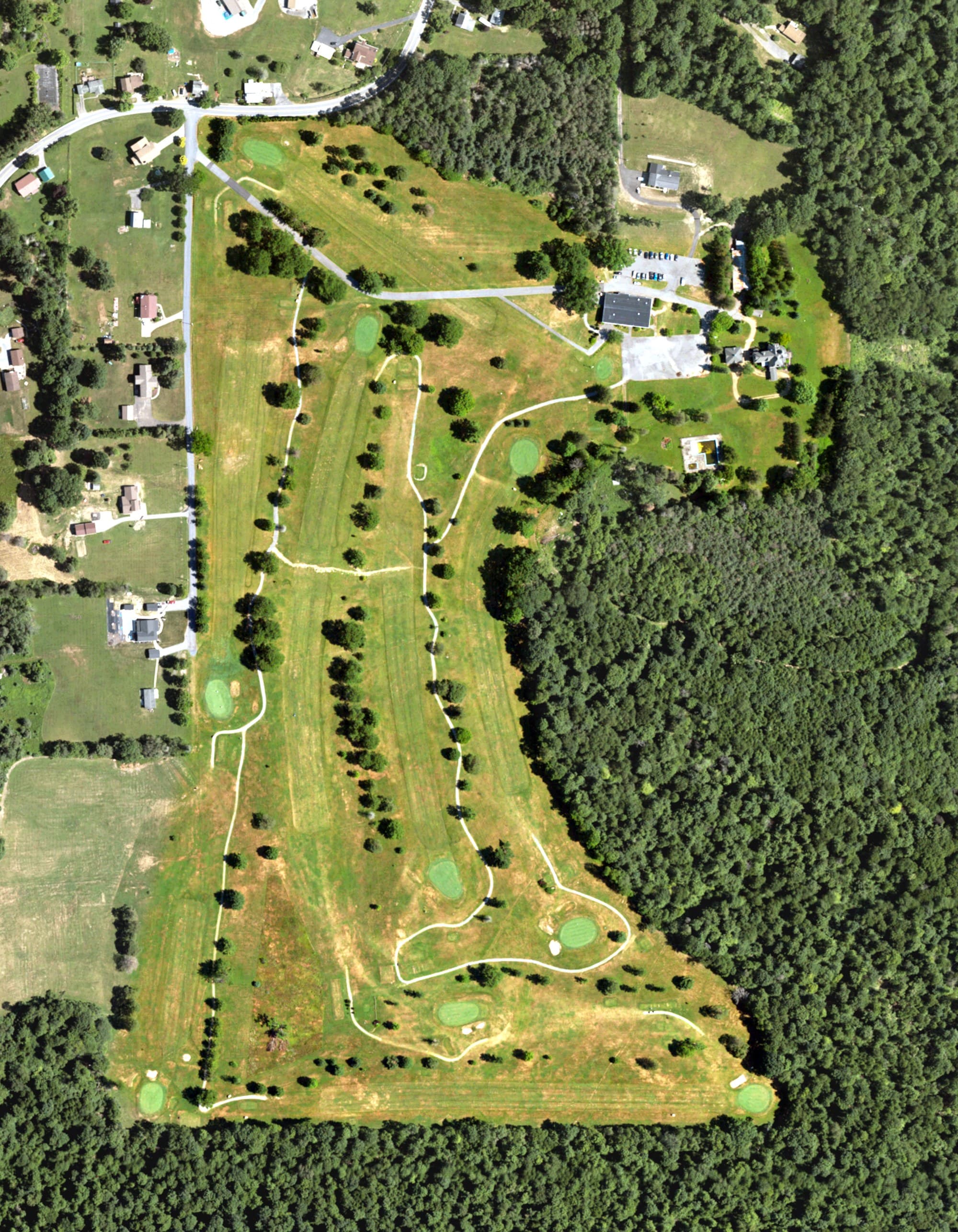 Aerial view of Laurel Mill Golf Course, PA, with its hole routing marked