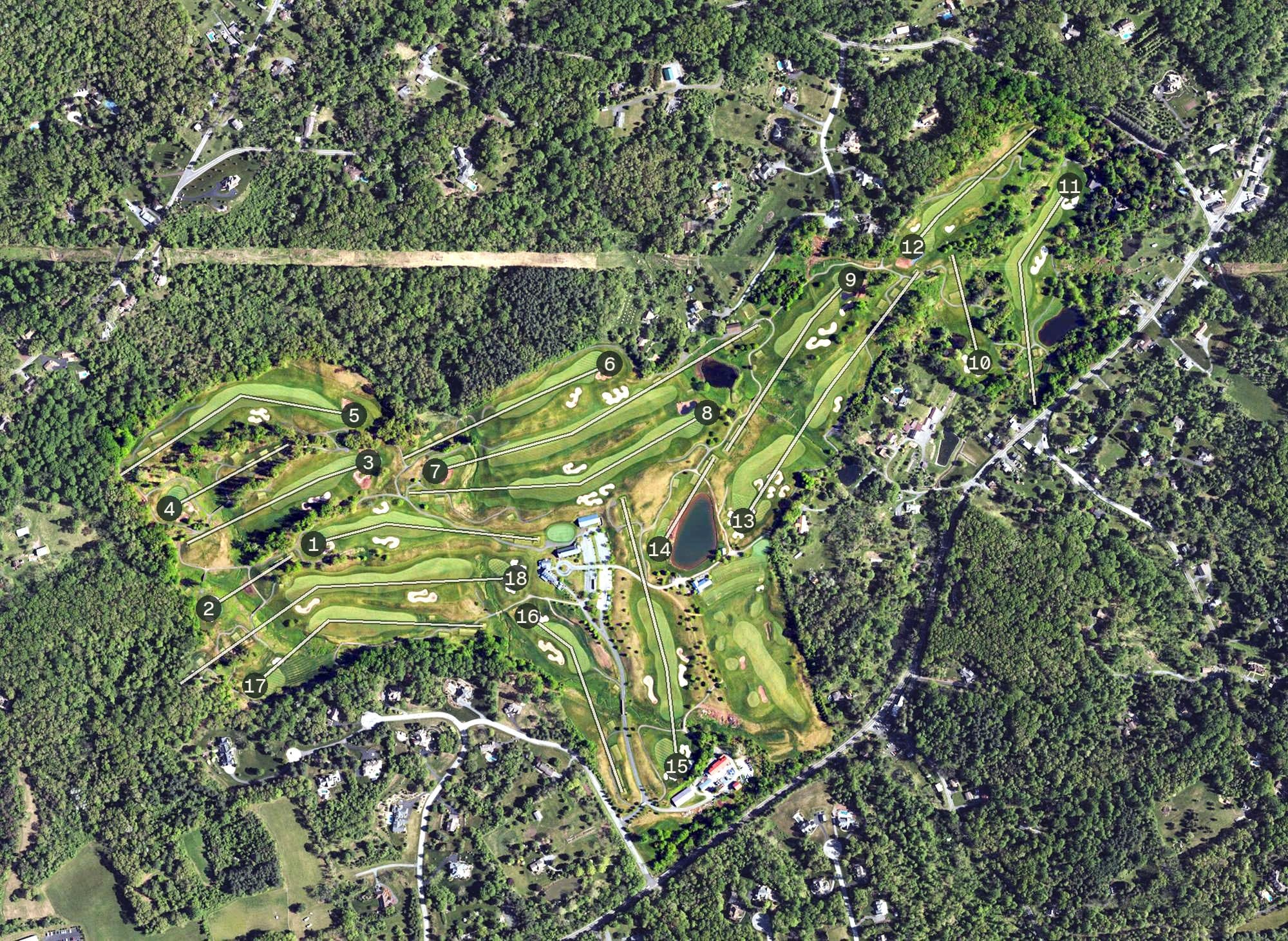 Aerial view of Ledgerock Golf Club, PA, with its hole routing marked