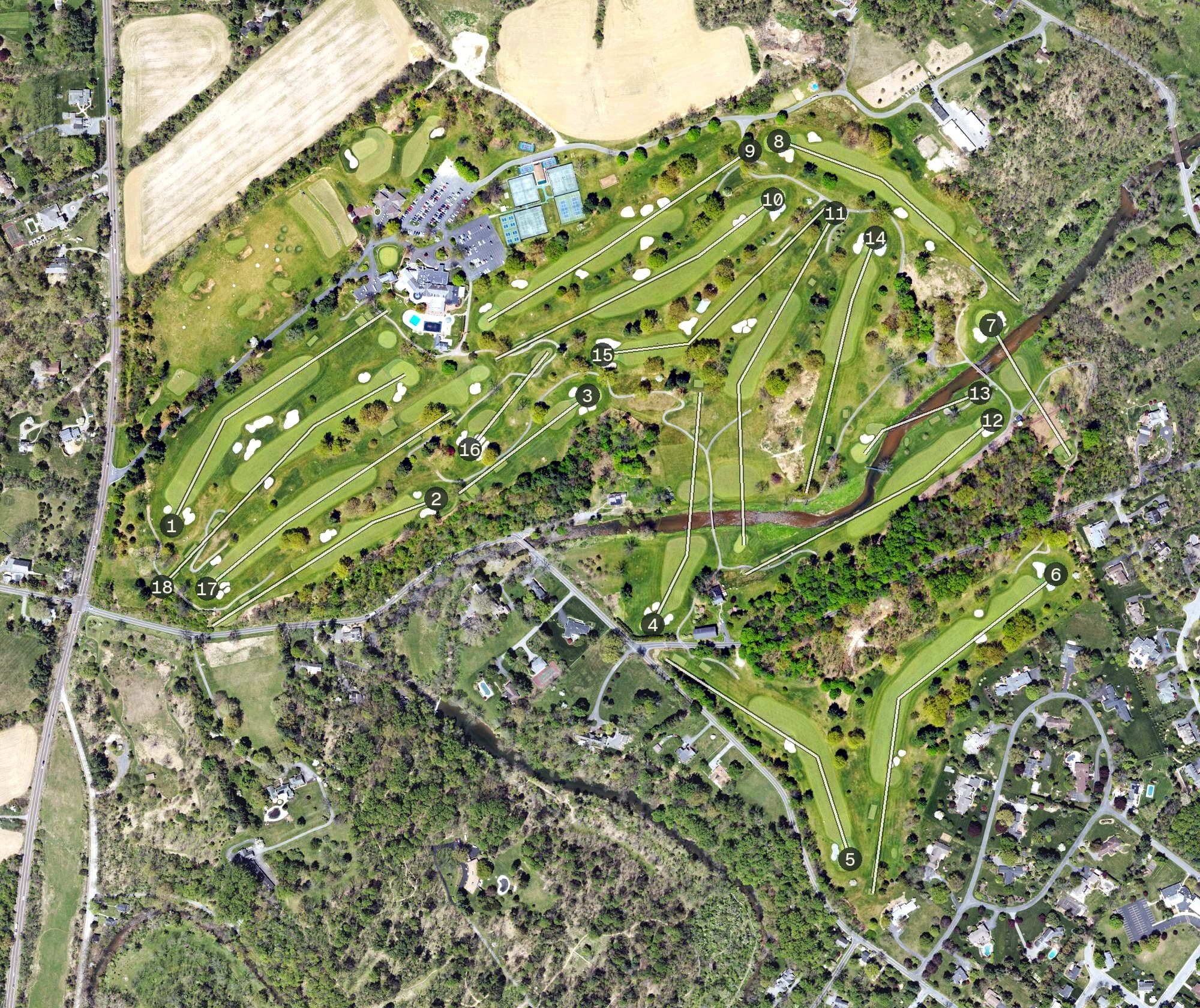 Aerial view of Lehigh Country Club, PA, with its hole routing marked