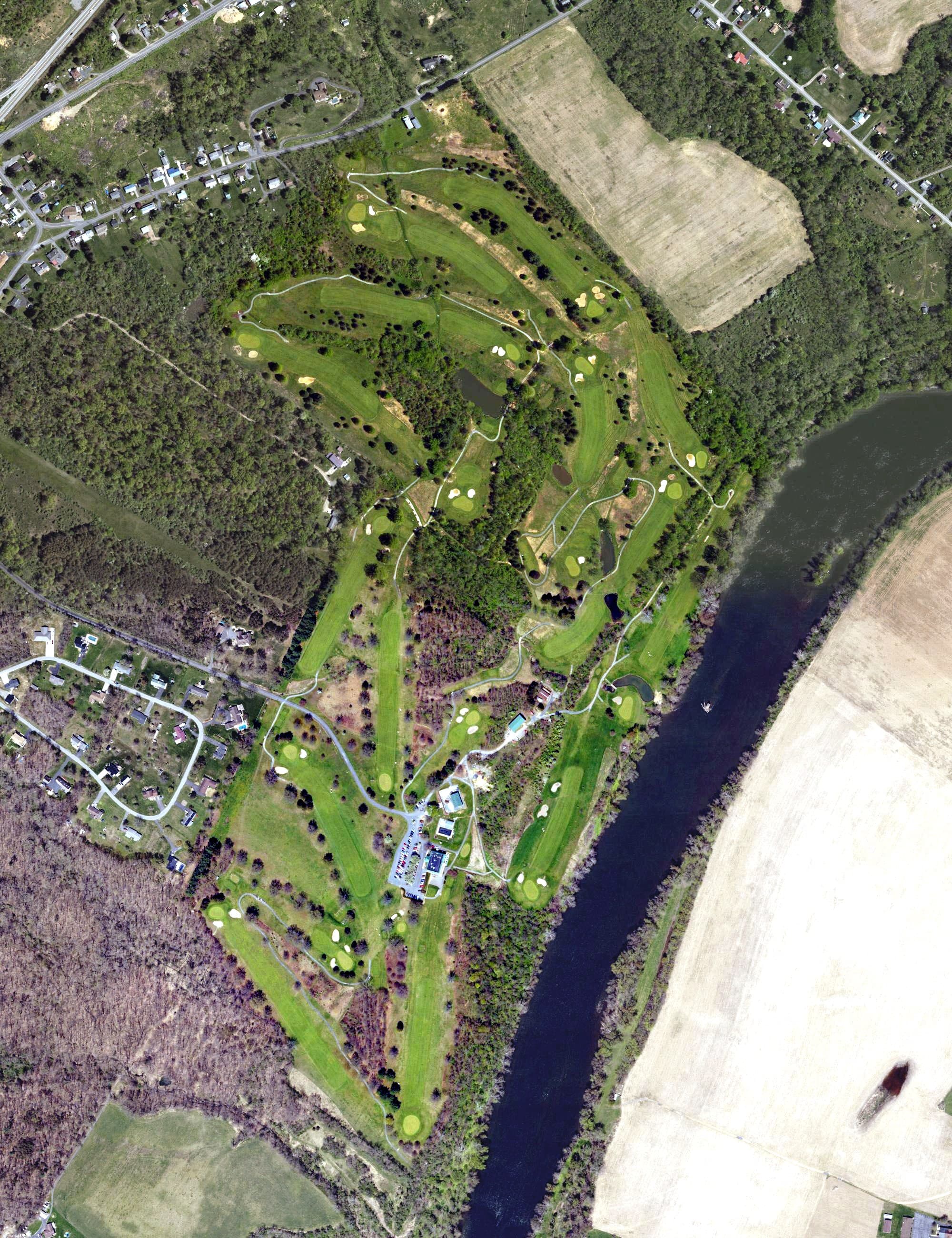 Aerial view of Lewistown Country Club, PA, with its hole routing marked