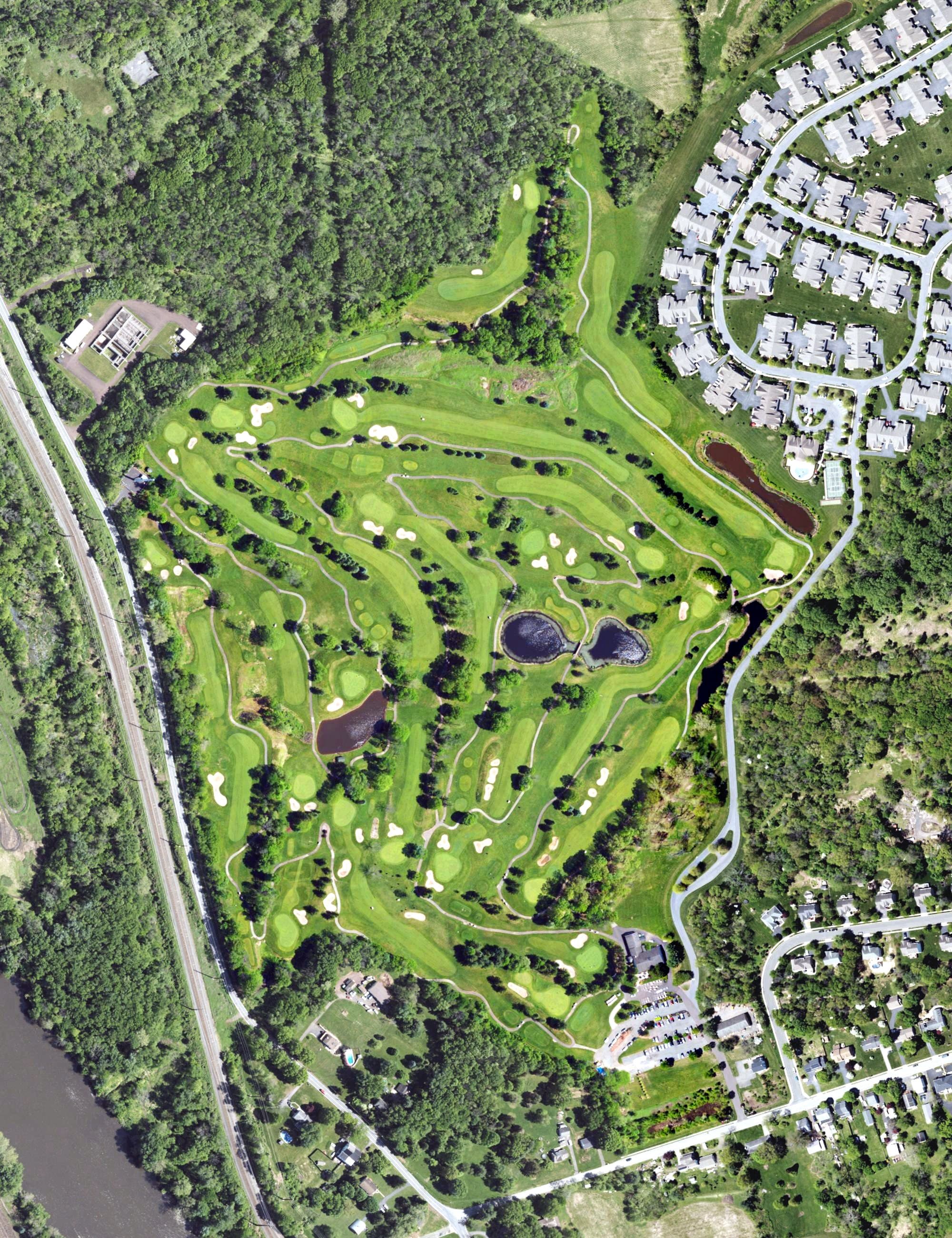 Aerial view of Linfield National Golf Club, PA, with its hole routing marked