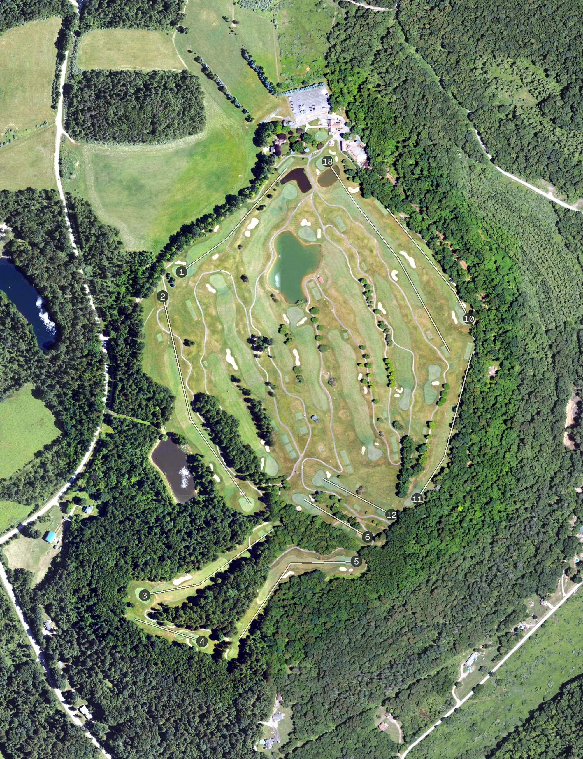 Aerial view of Links at Spring Church, PA, with its hole routing marked