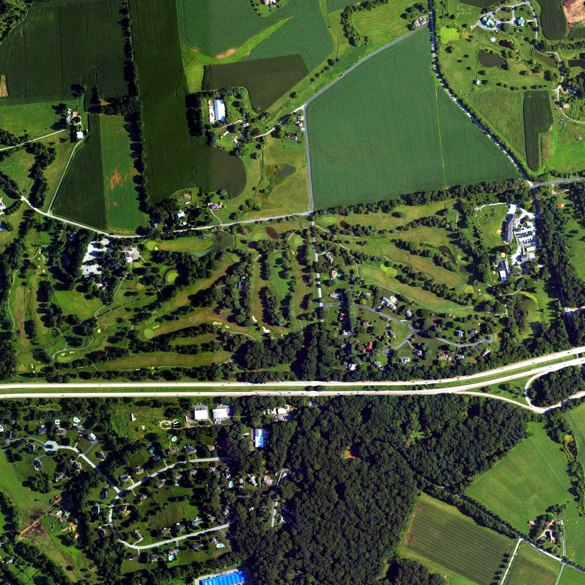Aerial view of Loch Nairn Golf Course, PA, with its hole routing marked
