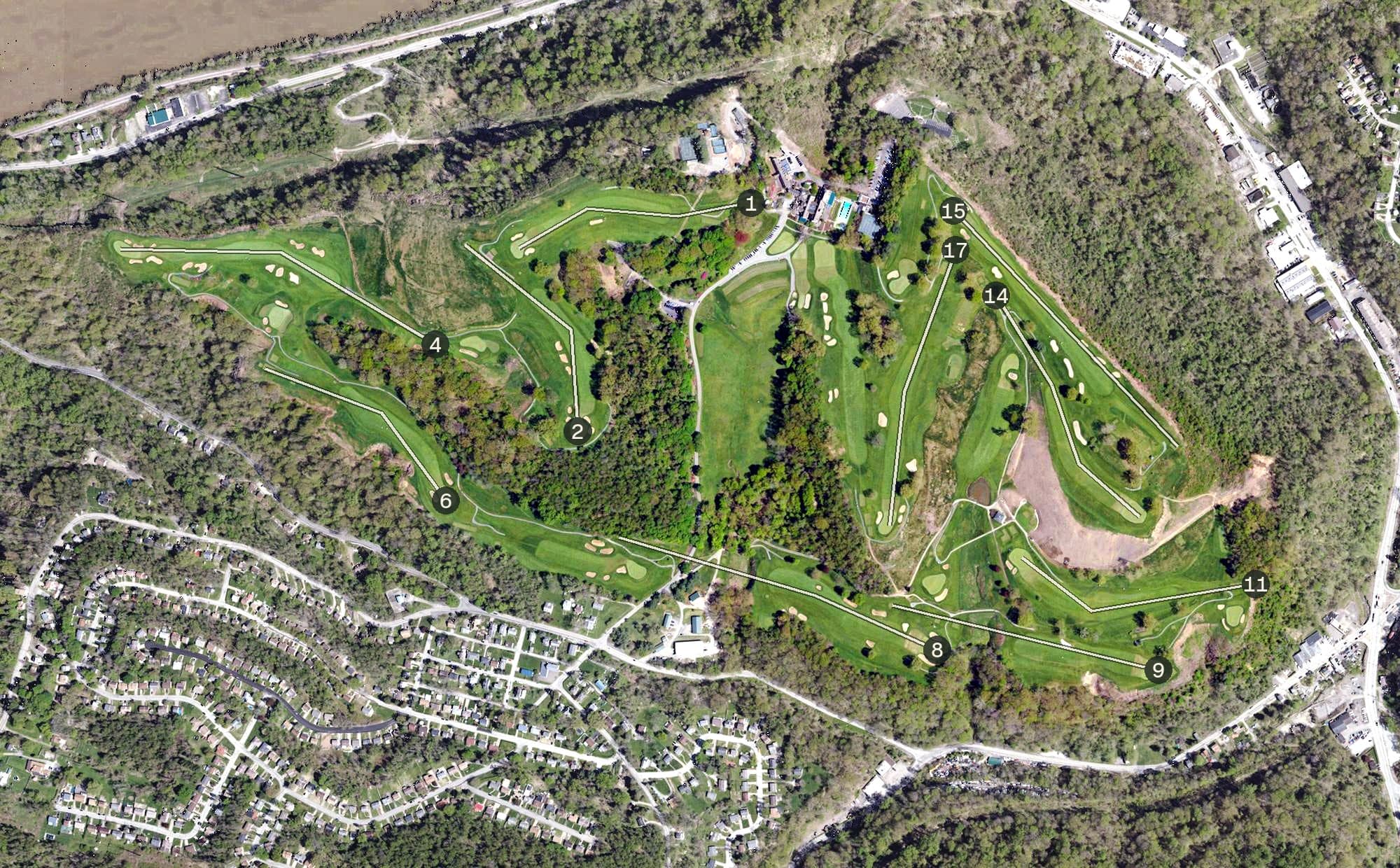 Aerial view of Longue Vue Club, PA, with its hole routing marked