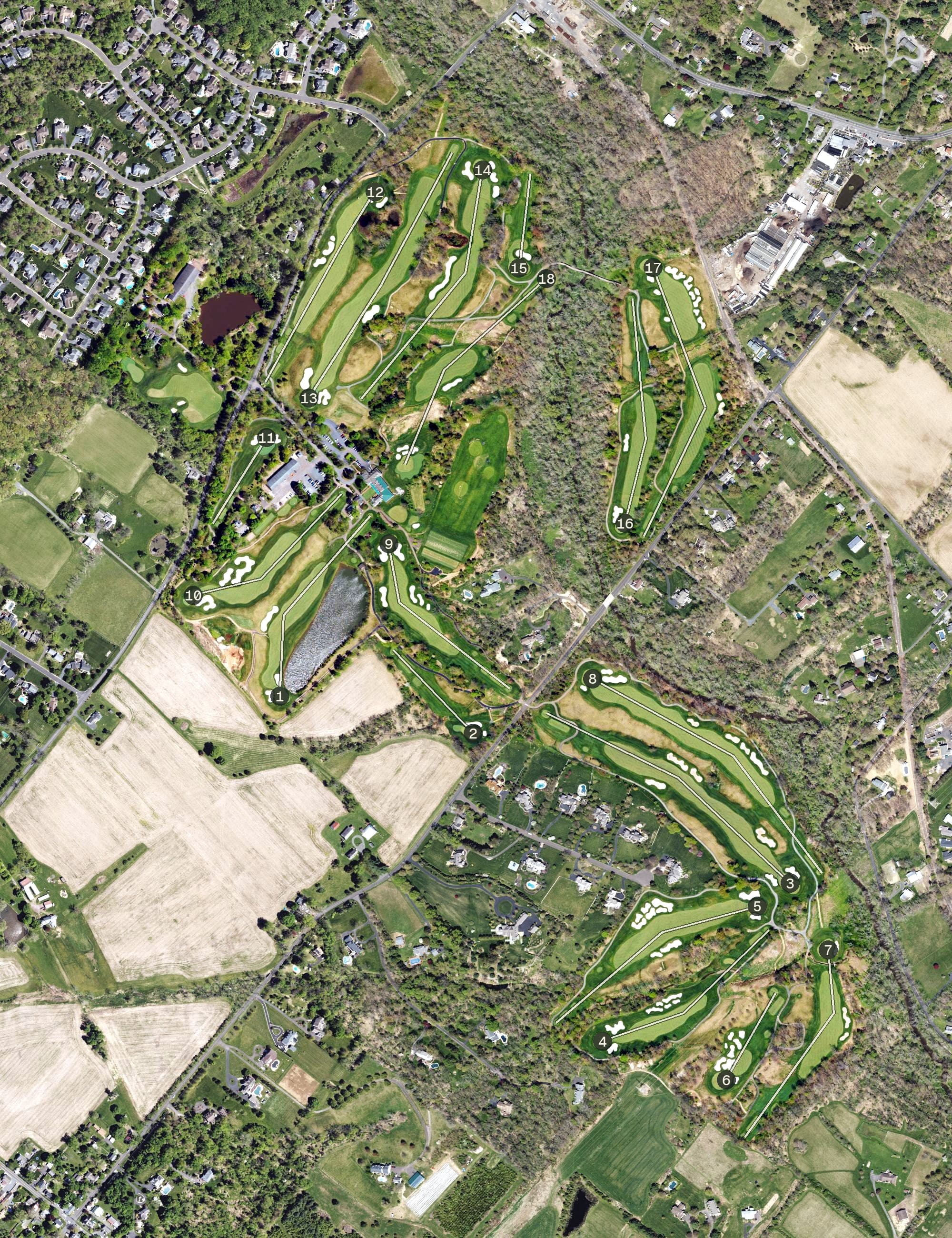 Aerial view of Lookaway Golf Club, PA, with its hole routing marked