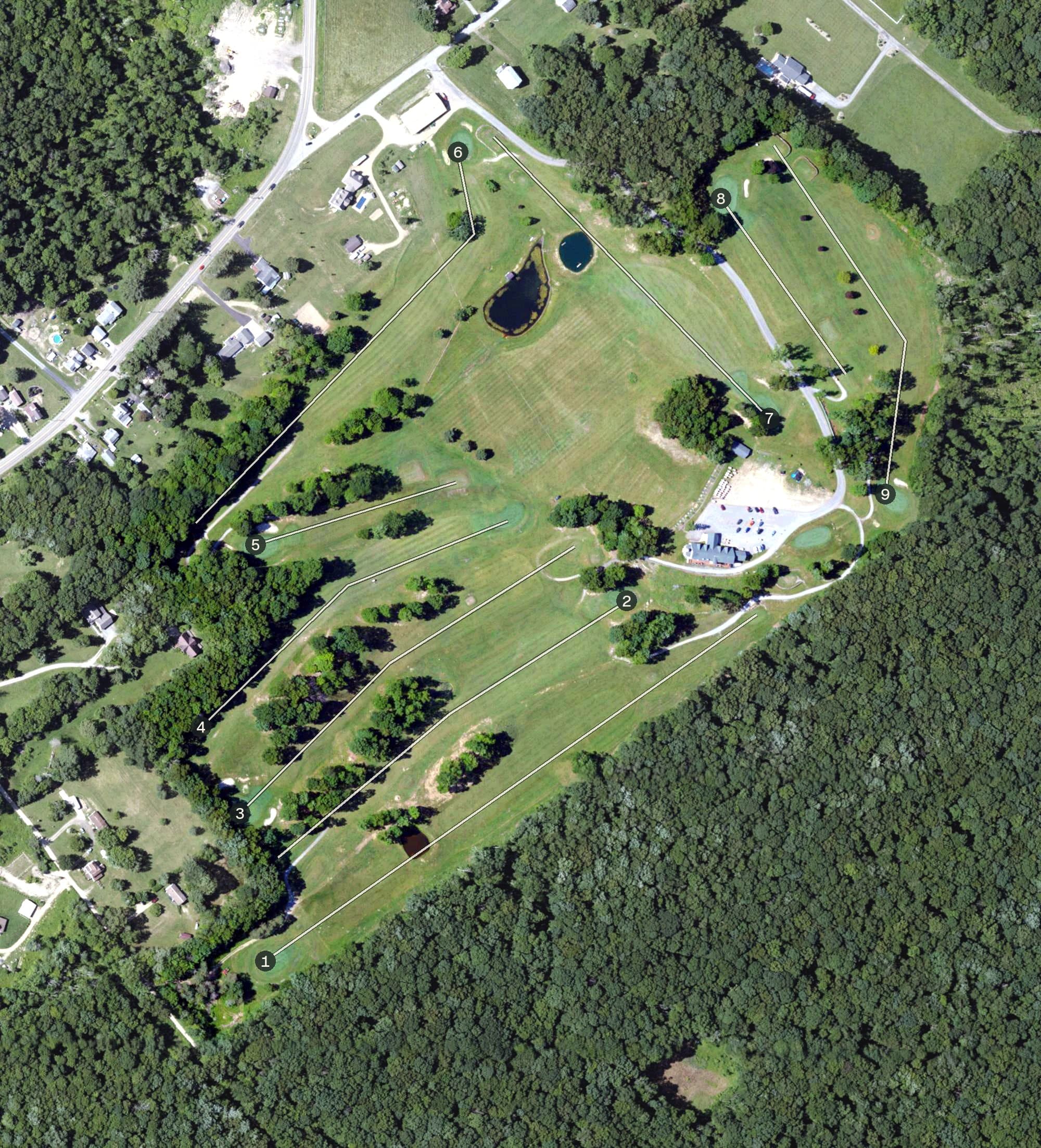 Aerial view of Lucky Hills Golf Course, PA, with its hole routing marked