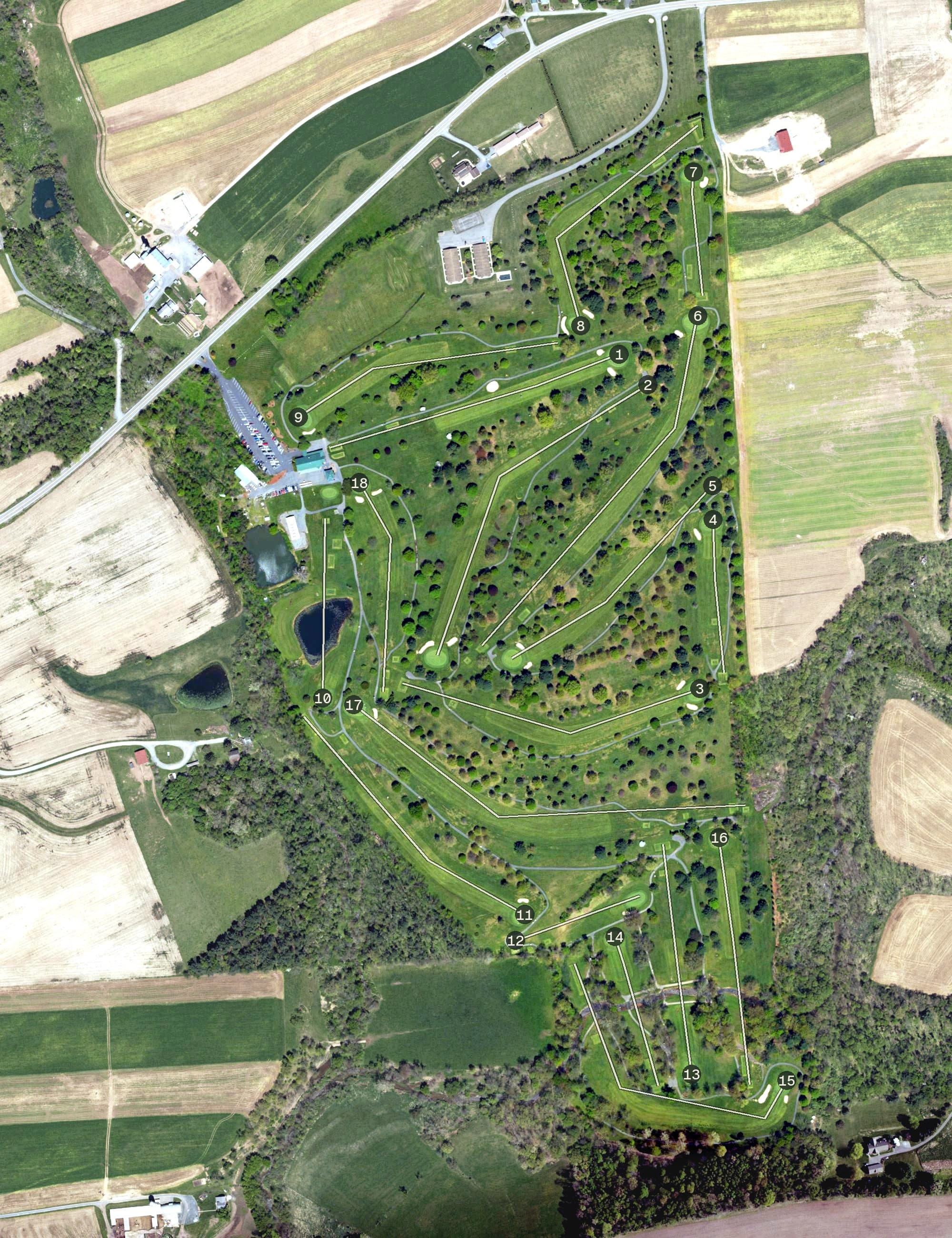 Aerial view of Lykens Valley Golf Course, PA, with its hole routing marked