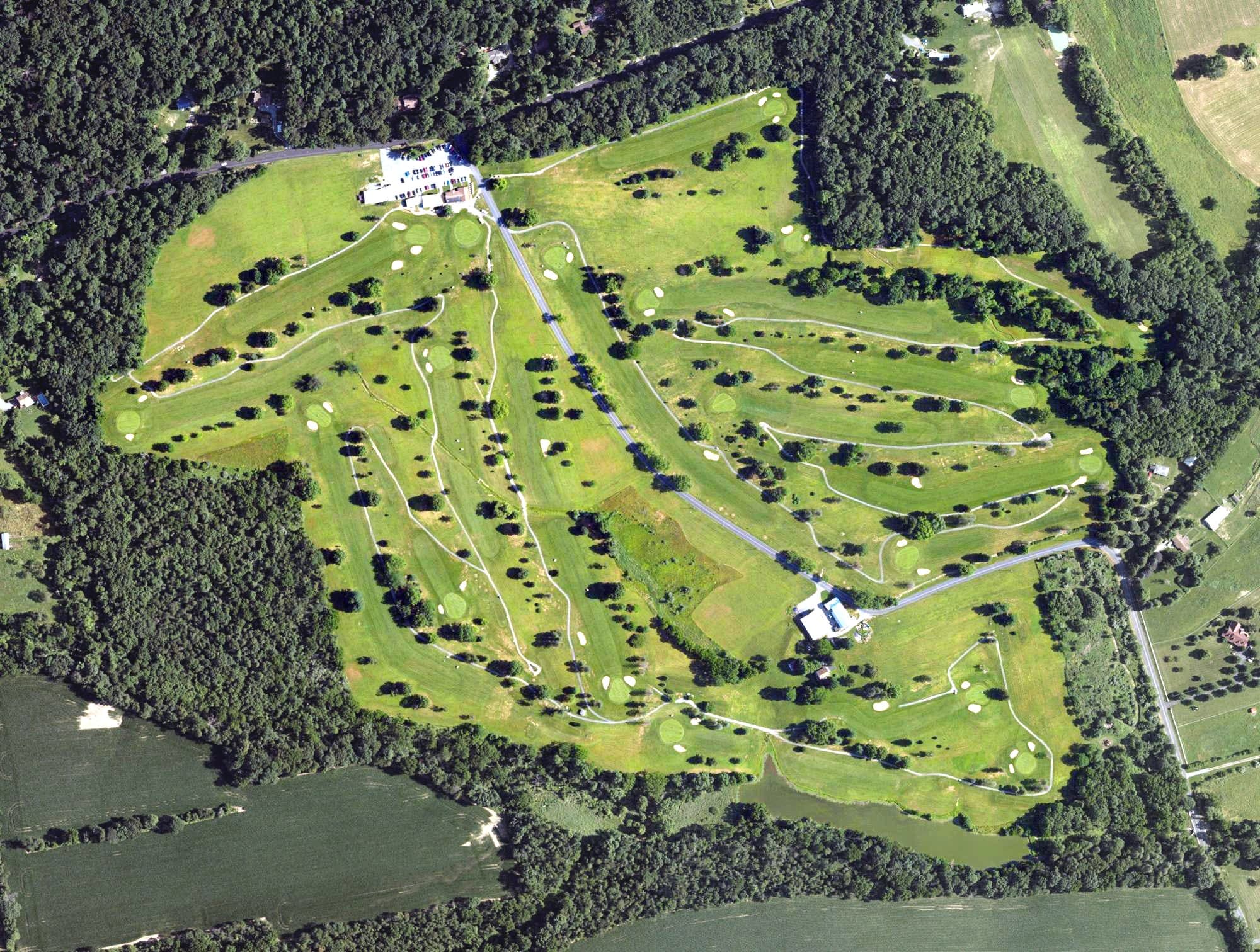 Aerial view of Manada Golf Club, PA, with its hole routing marked