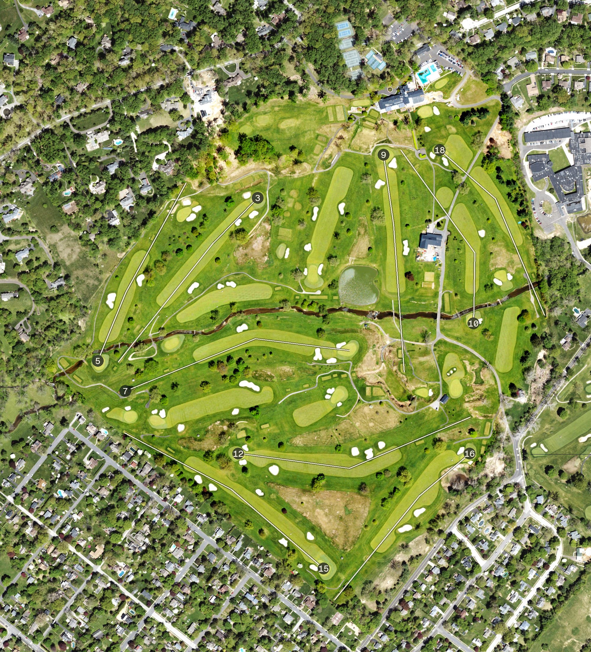 Aerial view of Manufacturers' Golf & Country Club, PA, with its hole routing marked