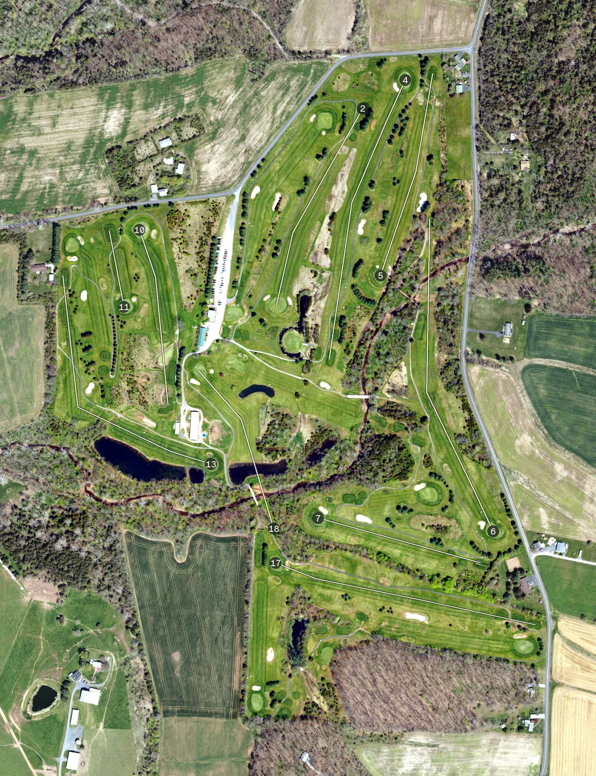 Aerial view of Meadow Brook Golf Course, PA, with its hole routing marked