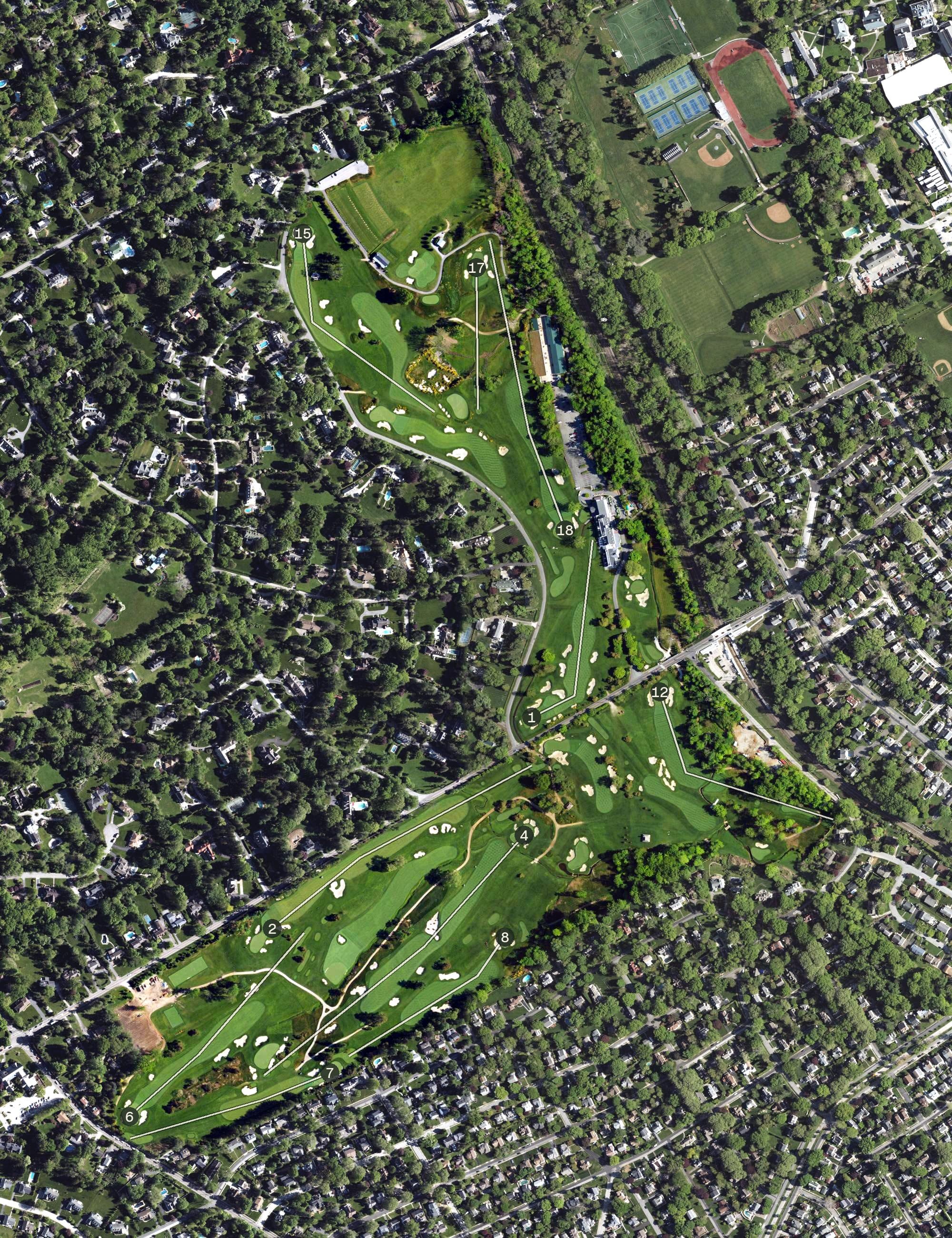Aerial view of Merion Golf Club East, PA, with its hole routing marked